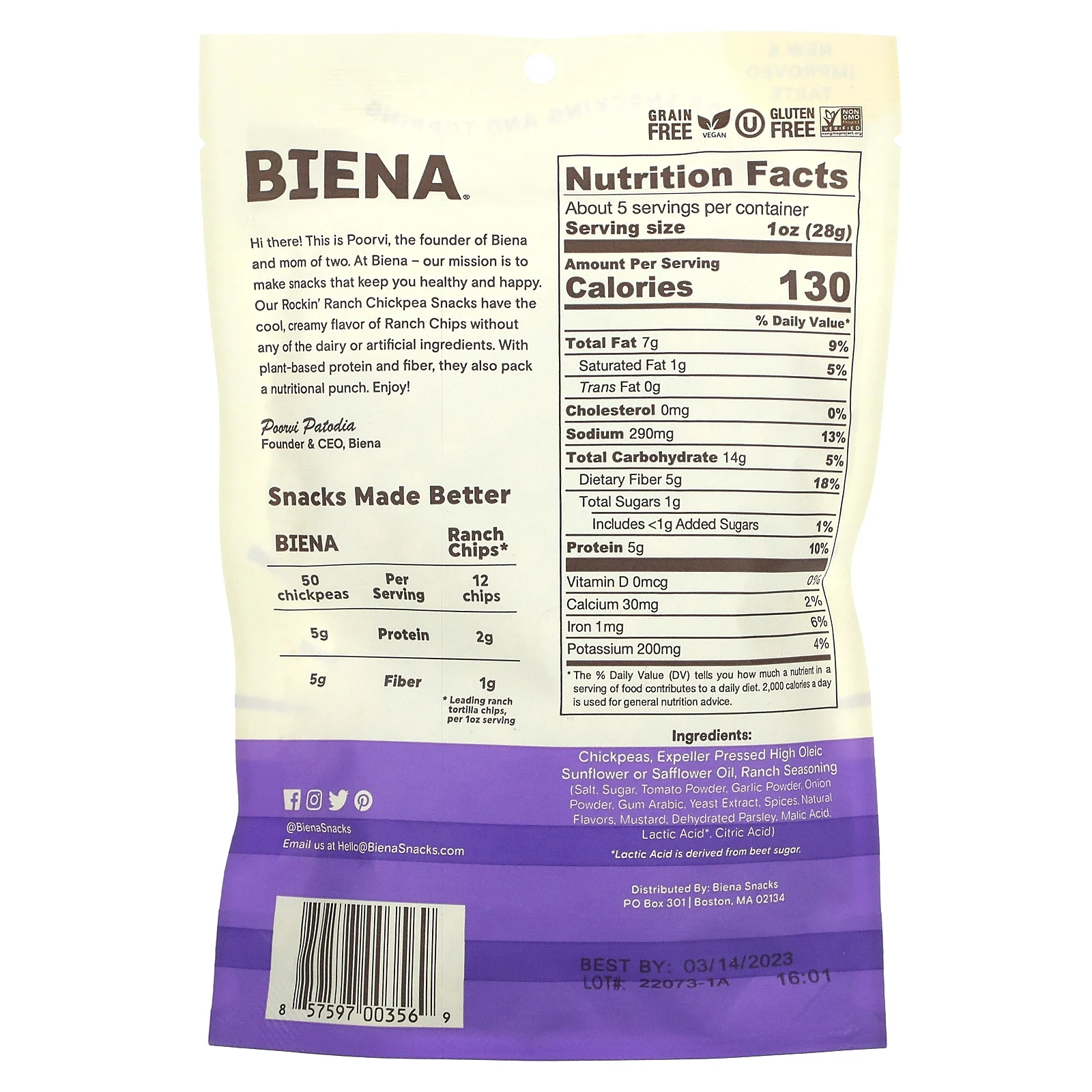 BIENA, Снеки из нута, Rockin 'Ranch, 142 г (5 унций)