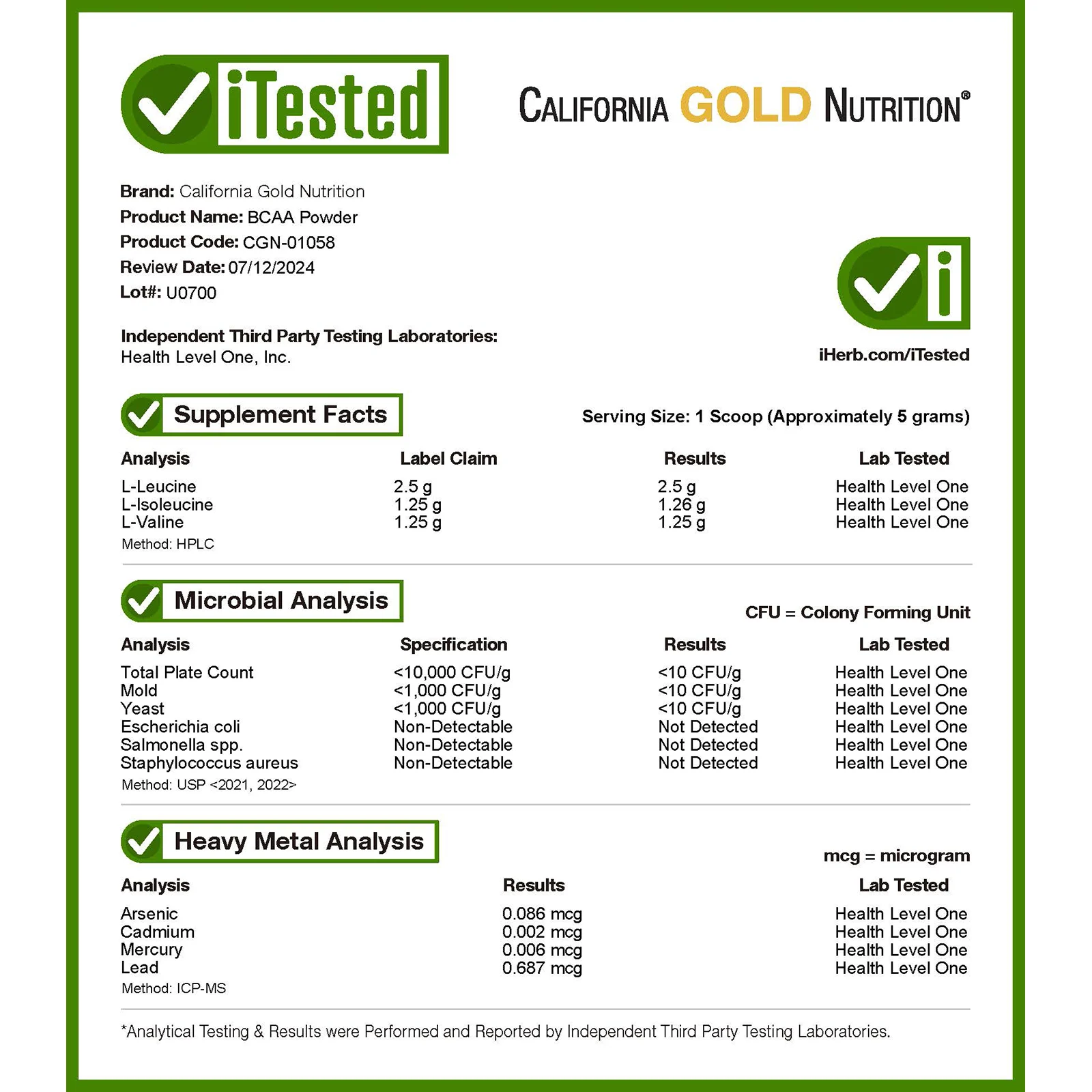 California Gold Nutrition, BCAA, AjiPure, аминокислоты с разветвленной цепью в порошке, 454 г (16 унций)