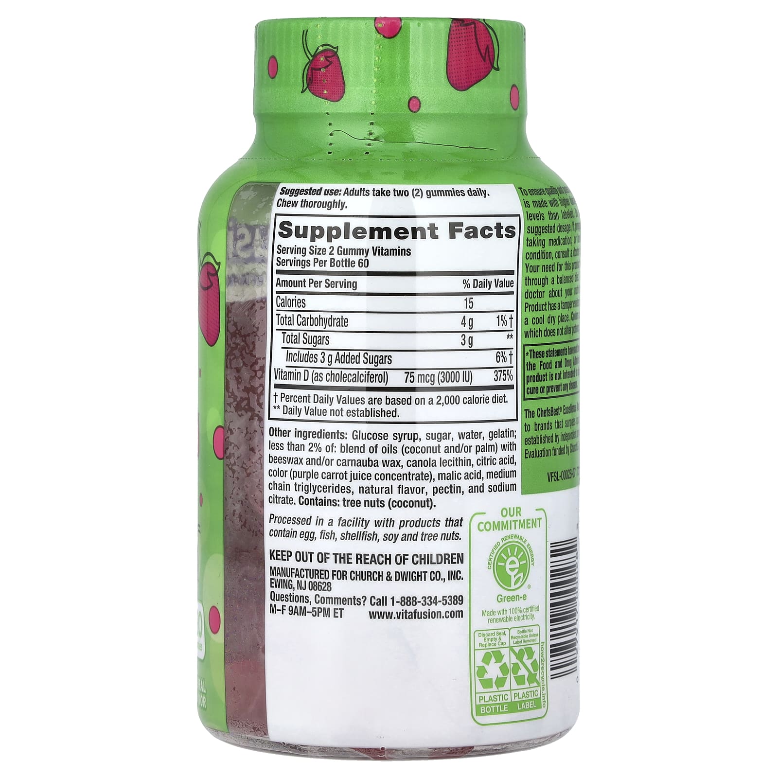 VitaFusion, D3, повышенная сила действия, для поддержки костей и иммунитета, натуральный клубничный вкус, 3000 МЕ, 120 жевательных таблеток (1500 МЕ в 1 жевательной таблетке)