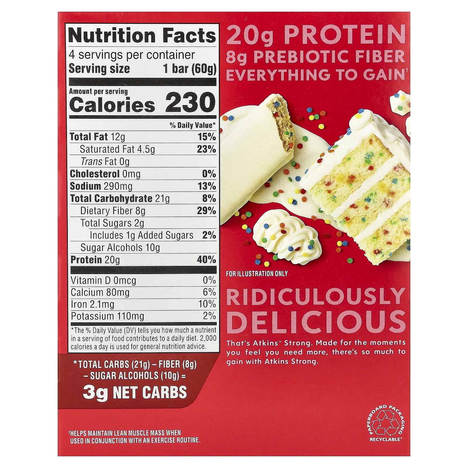 Atkins, Strong, батончик с высоким содержанием протеина, праздничный торт, 4 батончика по 60 г (2,12 унции)