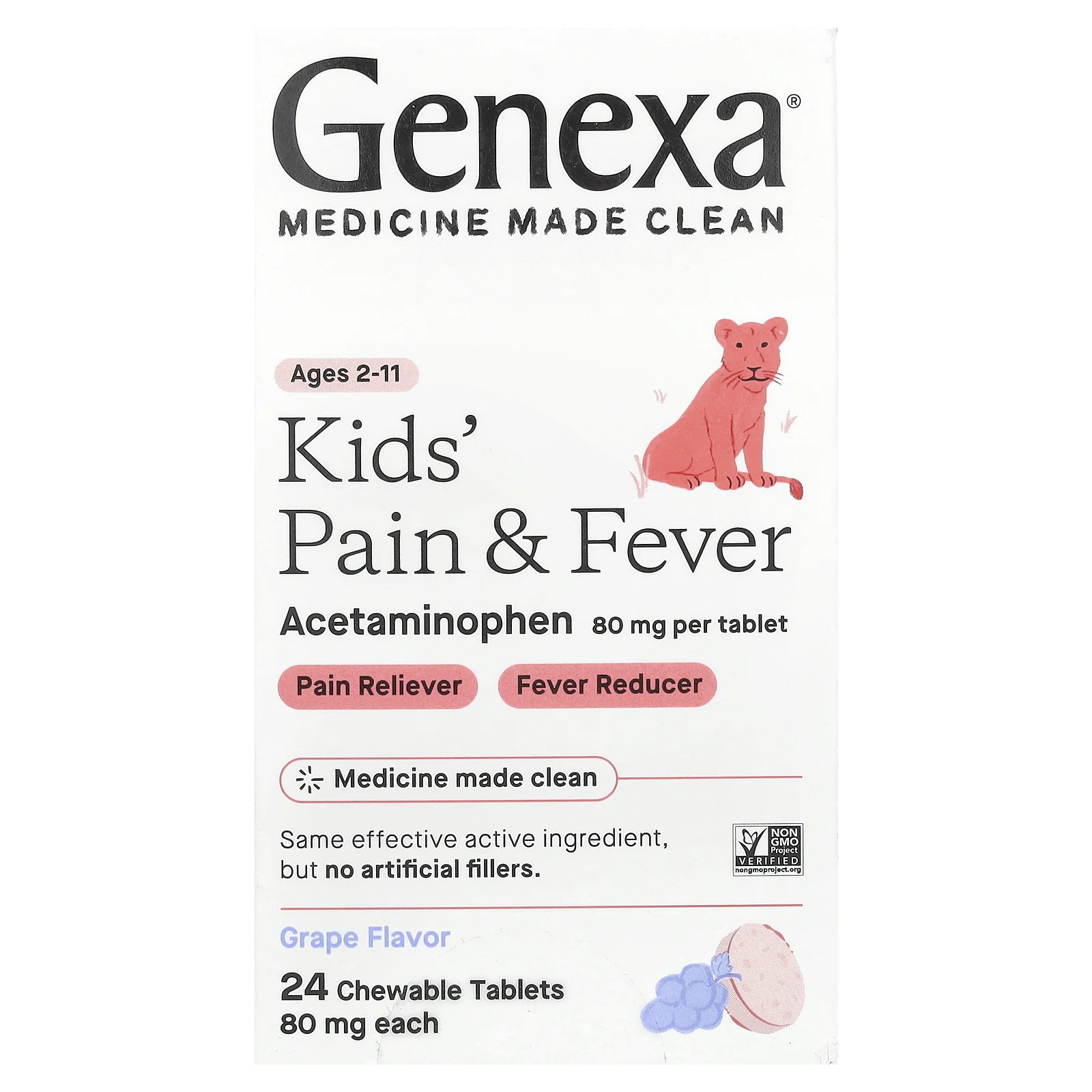 Genexa, Kids 'Pain & Fever, Ages 2-11, Grape, 80 мг, 24 жевательные таблетки
