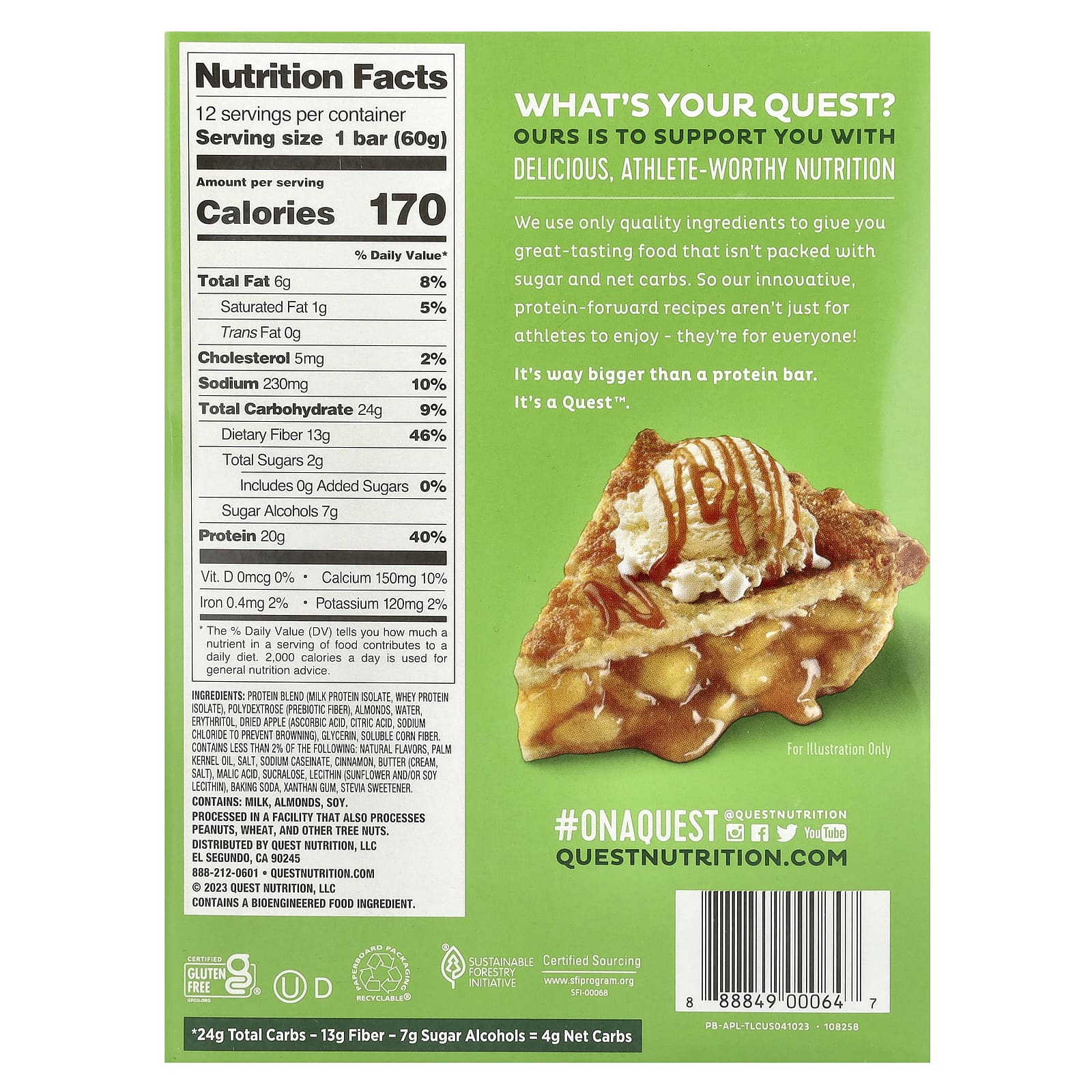 Quest Nutrition, Protein Bar, яблочный пирог, 12 батончиков, 60 г (2,12 унции) каждый