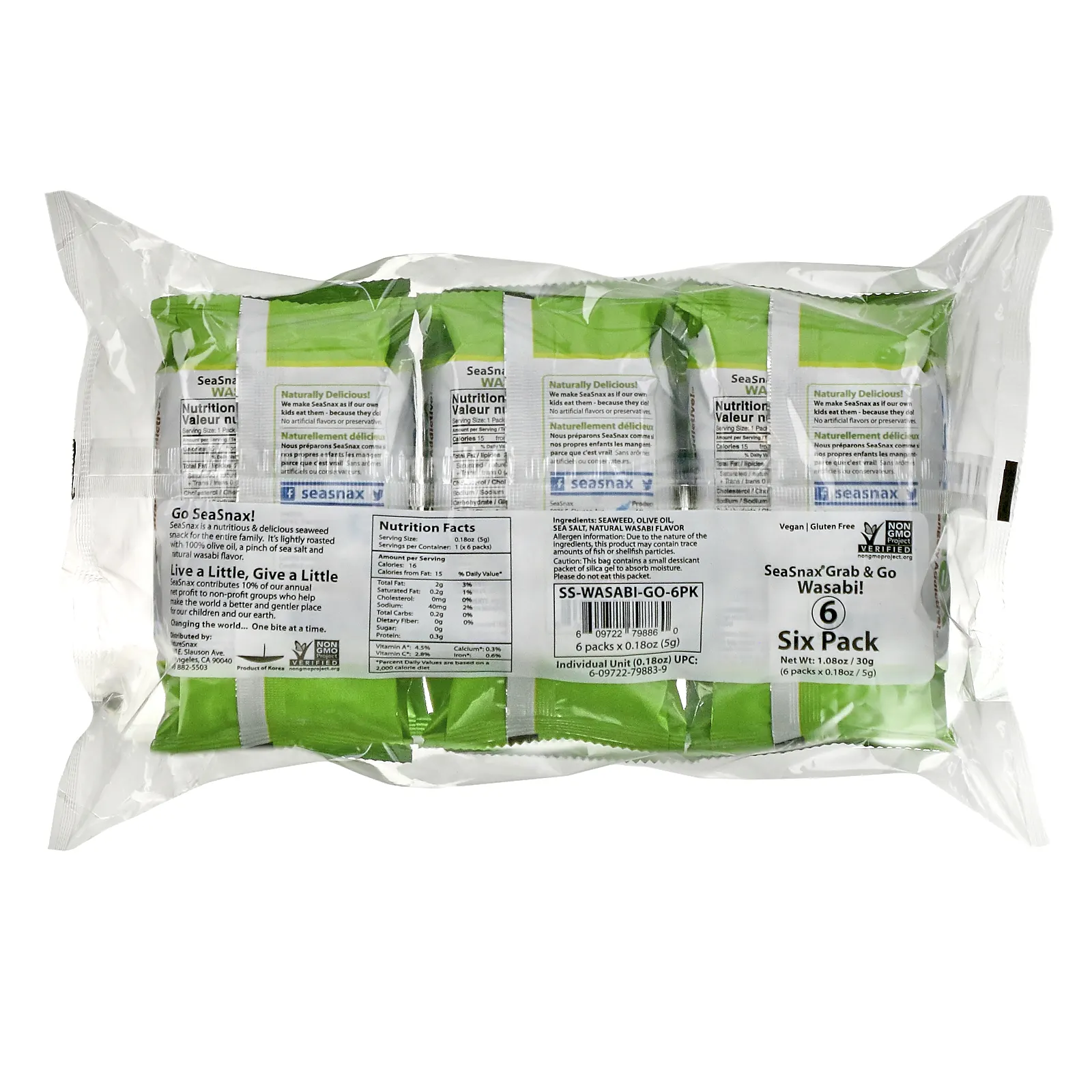 SeaSnax, Grab & Go, премиальный снек из жареных водорослей, васаби, 6 пакетиков по 5 г (0,18 унции)