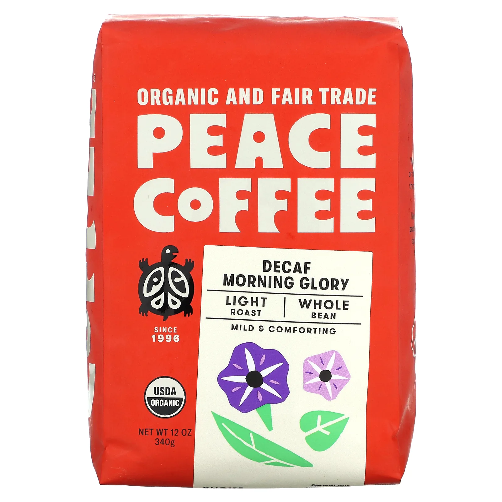 Peace Coffee, Organic Morning Glory, легкая обжарка, цельные бобы, без кофеина, 340 г (12 унций)