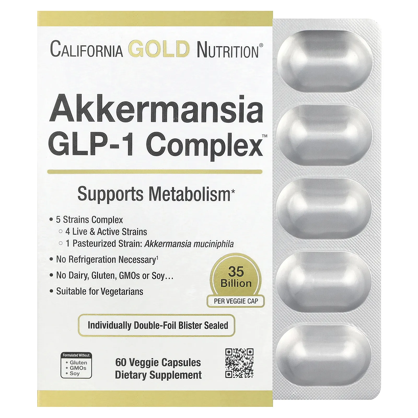 California Gold Nutrition, Akkermansia GLP-1 Complex, комплекс с аккермансией и ГПП-1 + пробиотики, 60 растительных капсул