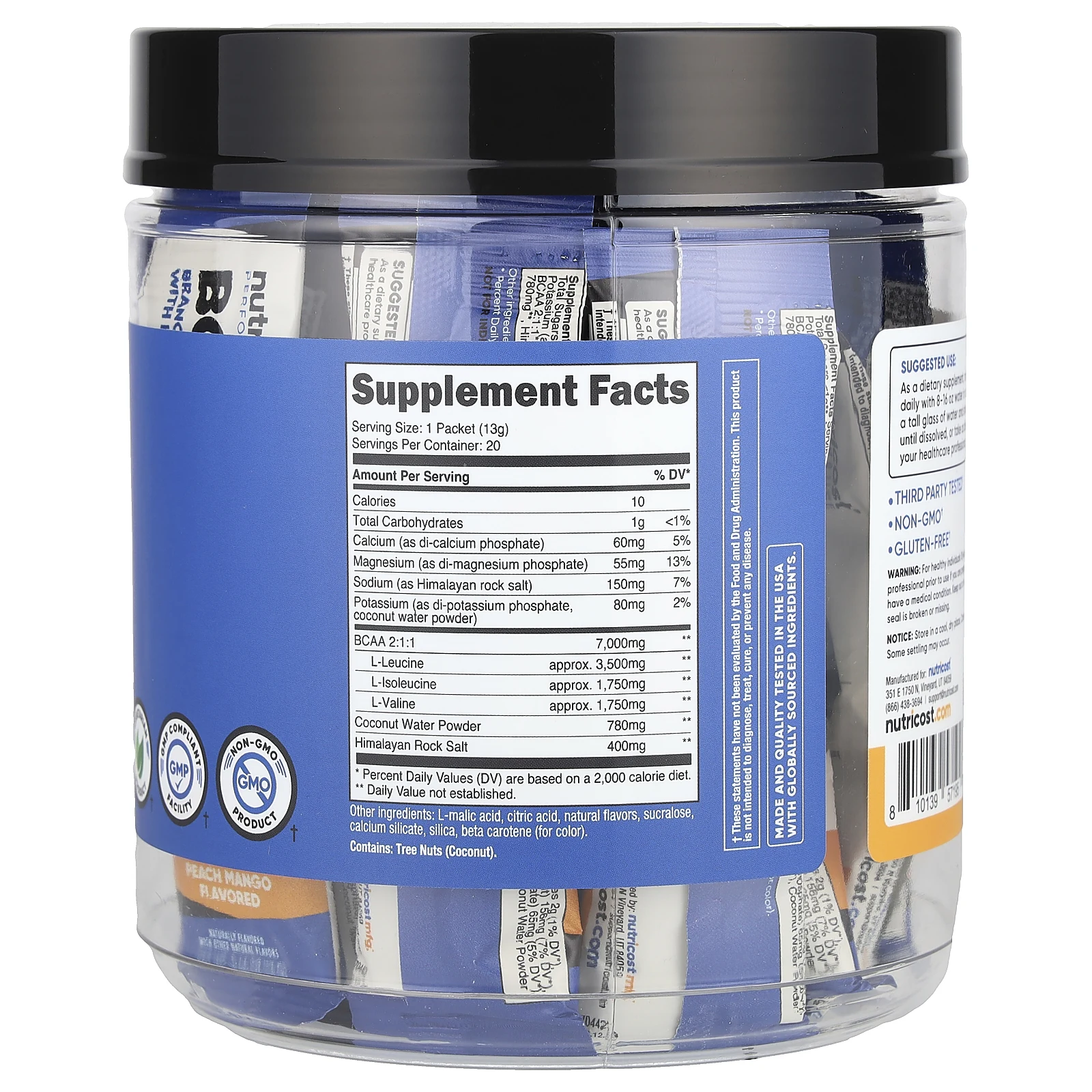 Nutricost, Performance, BCAA +, персик и манго, 20 пакетиков по 13 г (0,5 унции)