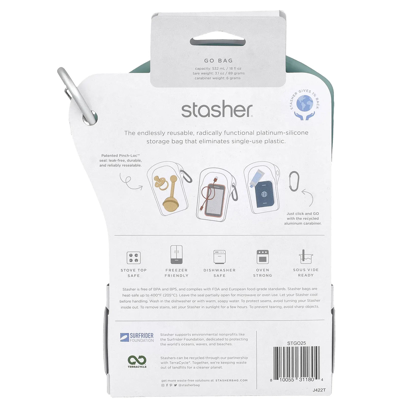 Stasher, Go Bag, зеленый, 1 пакетик, 532 мл (18 жидк. Унций)