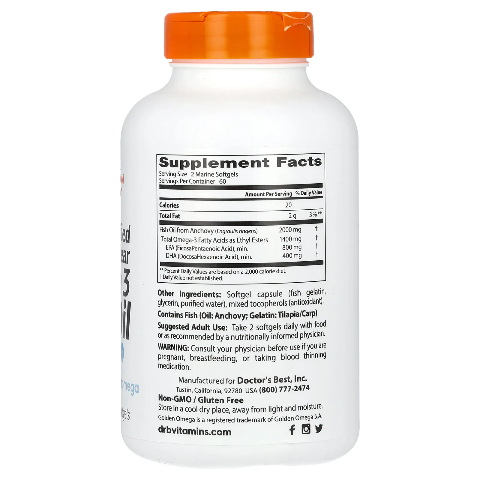 Doctor's Best, очищенный и прозрачный рыбий жир с омега-3, с добавлением Goldenomega, 2000 мг, 120 капсул из рыбьего желатина (1000 мг в 1 капсуле)