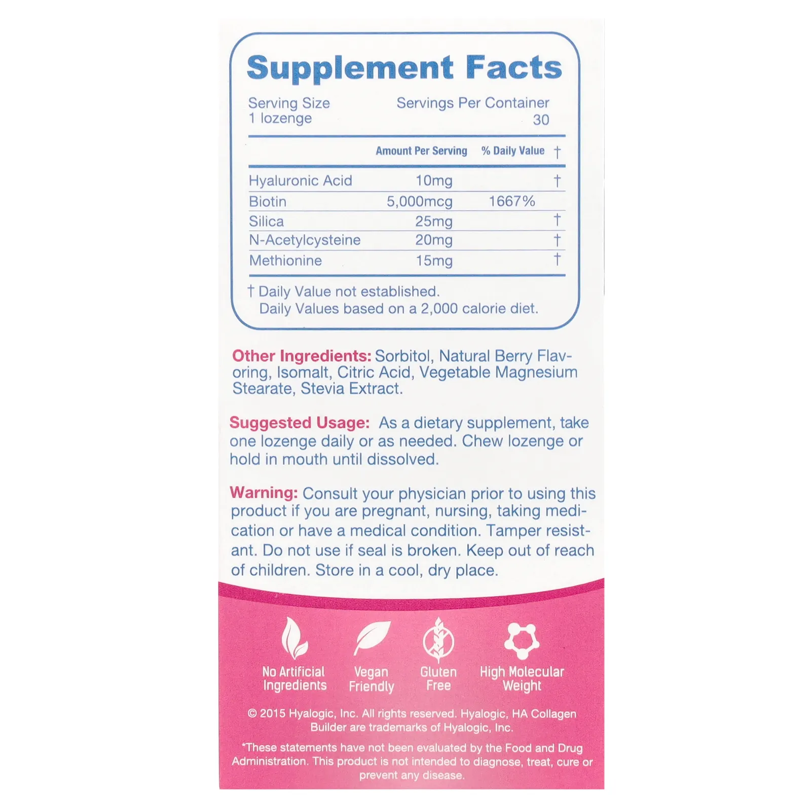 Hyalogic, гиалуроновая кислота, биотин и диоксид кремния, ягодное ассорти, 30 жевательных леденцов