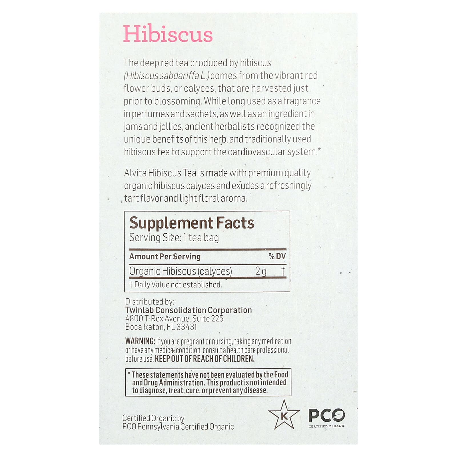 Alvita Teas, органический растительный чай, гибискус, без кофеина, 16 индивидуально упакованных чайных пакетиков, 32 г (1,13 унции)