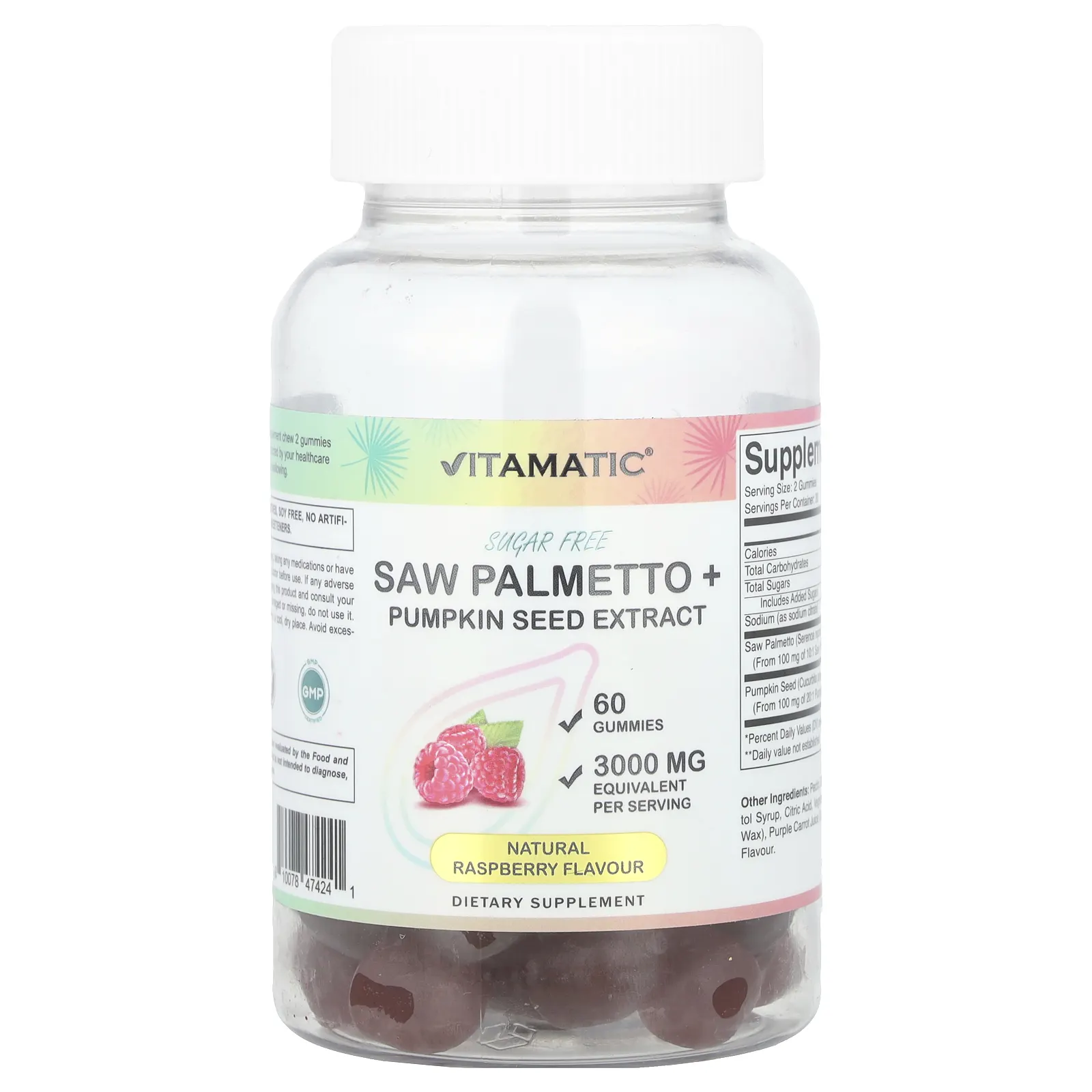 Vitamatic, Saw Palmetto + экстракт тыквенных семечек, натуральная малина, 60 жевательных таблеток