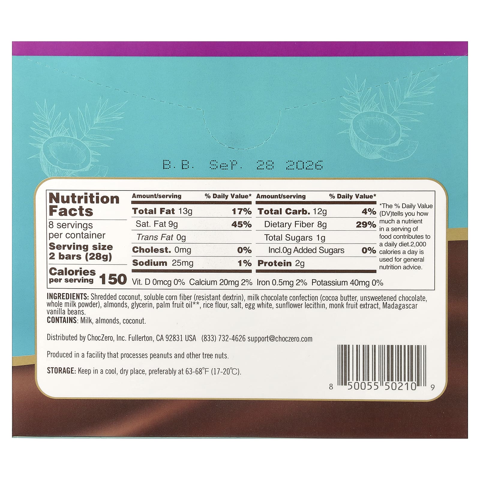 ChocZero, Oasis, шоколадный батончик, молоко, кокос и миндаль, 16 мини-батончиков в индивидуальной упаковке, 14 г (0,5 унции) каждый