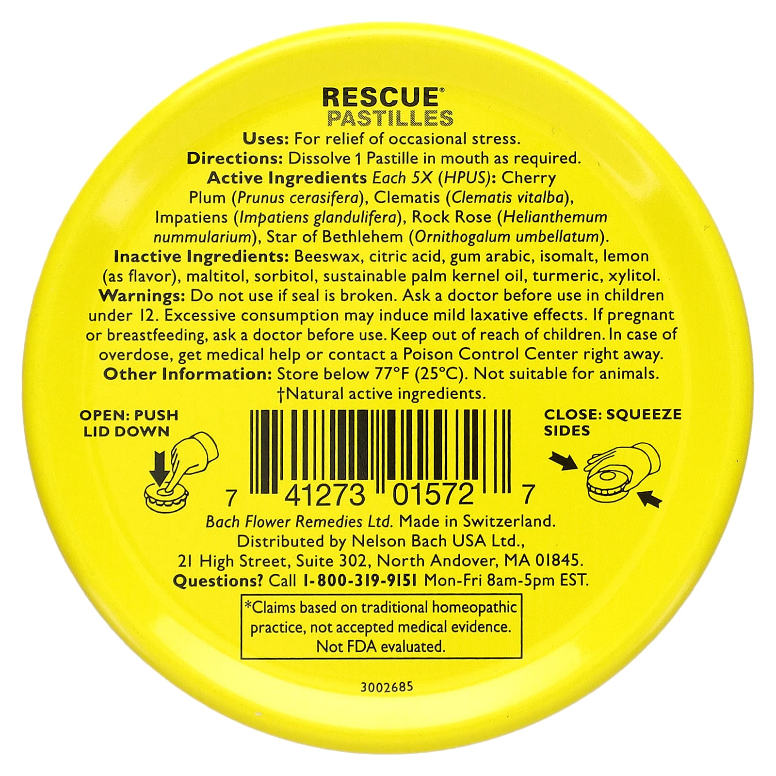 Bach, Original Flower Remedies, Спасательные пастилки, естественное снятие стресса, лимонный вкус, 35 пастилок, 1,7 унции (50 г)