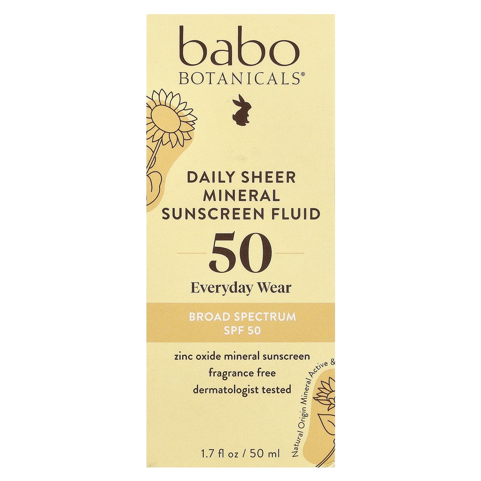 Babo Botanicals, Daily Sheer Fluid Mineral Sunscreen 50, без отдушек, 50 мл (1,7 жидк. Унции)