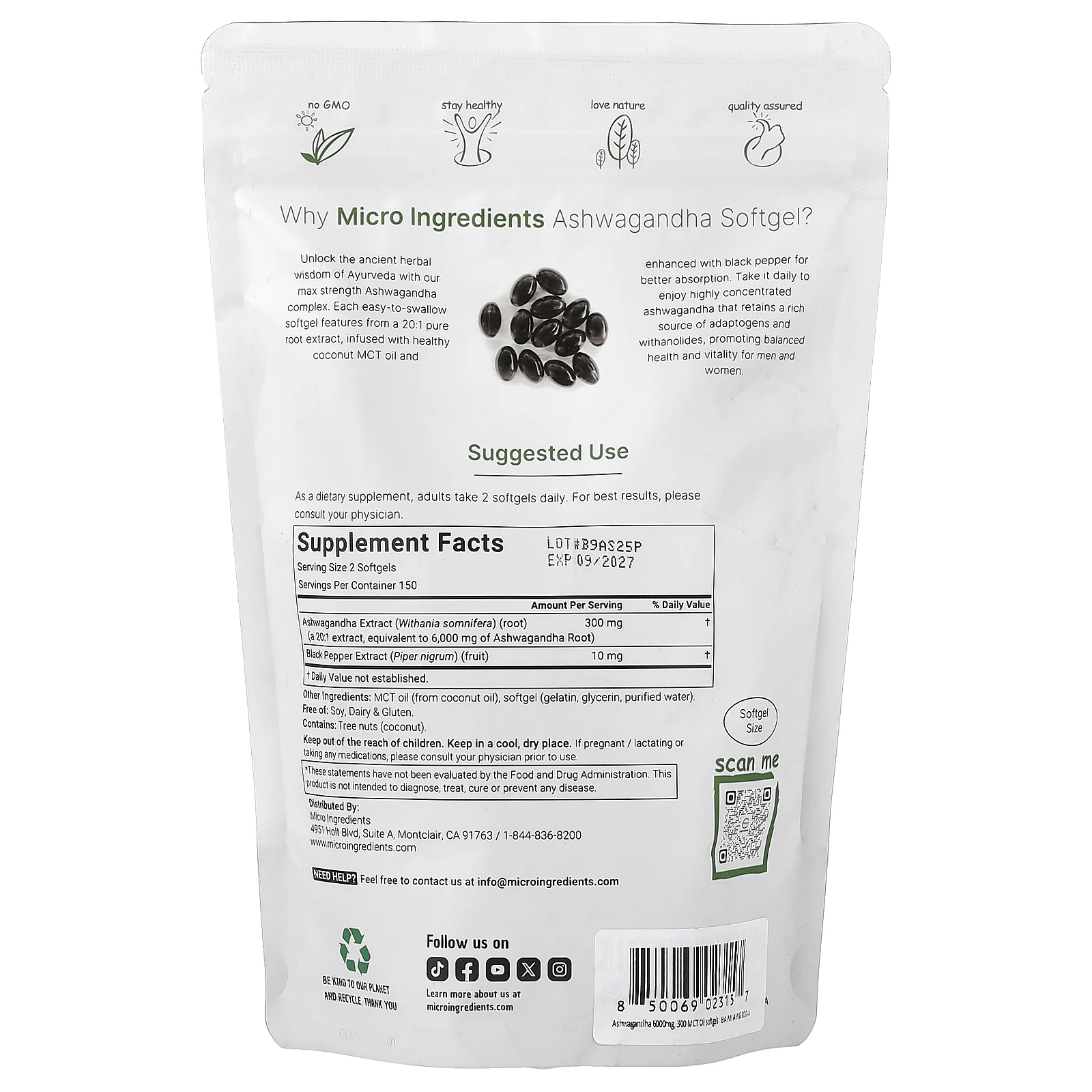 Micro Ingredients, ашваганда, 300 мягких таблеток