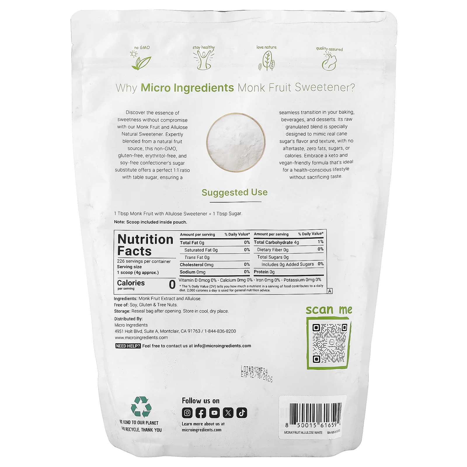 Micro Ingredients, подсластитель из архата с аллюлозой, классический белый, 907 г (2 фунта)