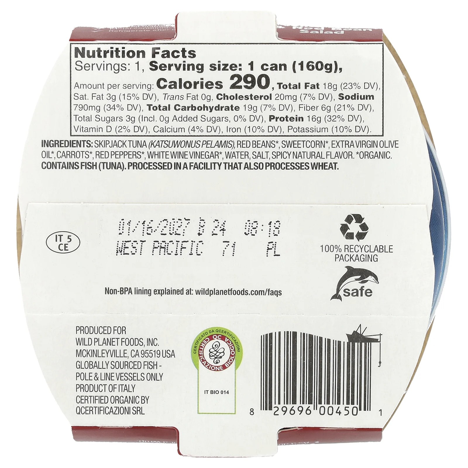 Wild Planet, Дикий тунец, салат с фасолью и кукурузой, 160 г (5,6 унции)