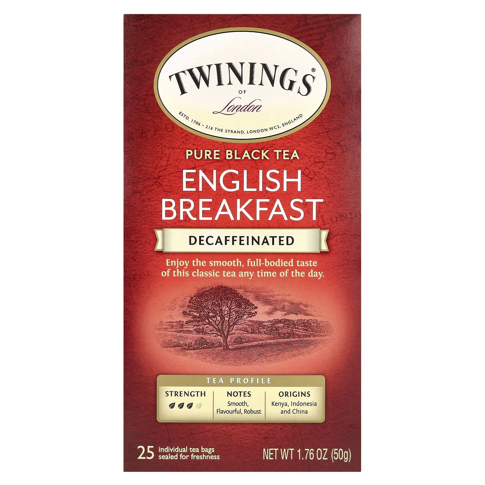 Twinings, 100% чистый черный чай, английский завтрак, без кофеина, 25 чайных пакетиков, 50 г (1,76 унции)