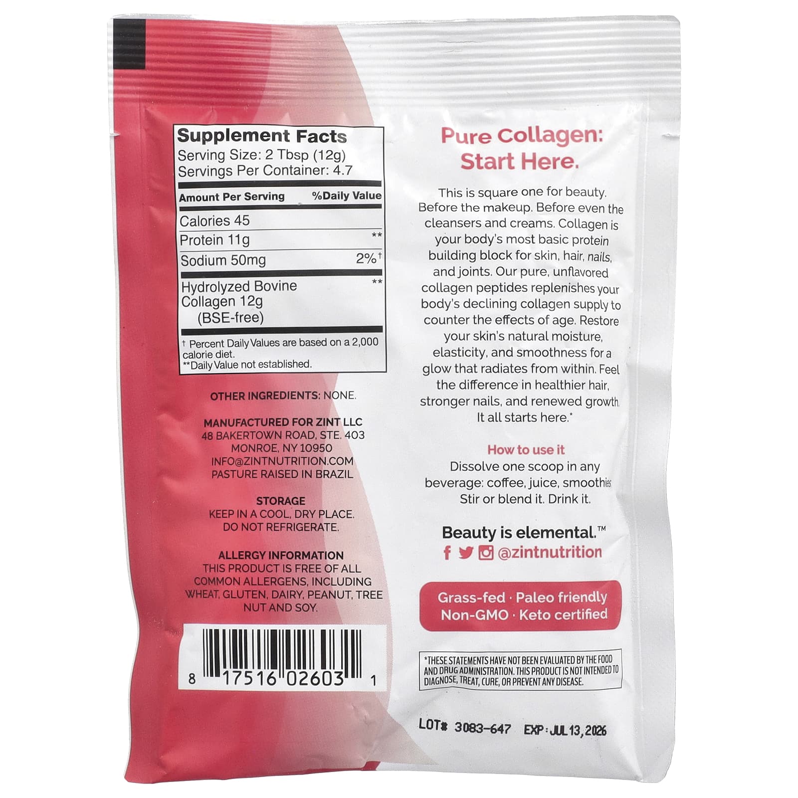 Zint, экологически чистые пептиды коллагена от животных травяного откорма, без вкусовых добавок, 56,6 г (2 унции)