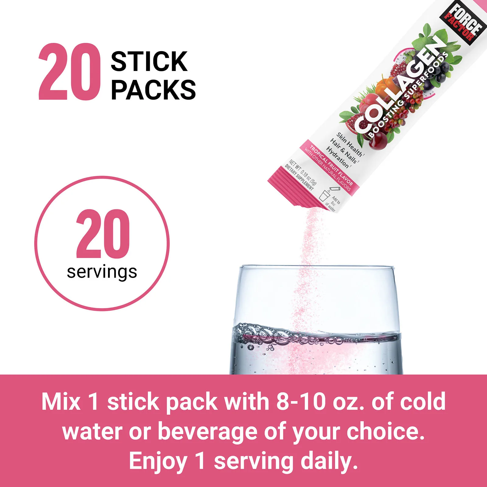 Force Factor, Суперфуды для повышения уровня коллагена, тропические фрукты, 20 пакетиков по 5 г (0,18 унции)