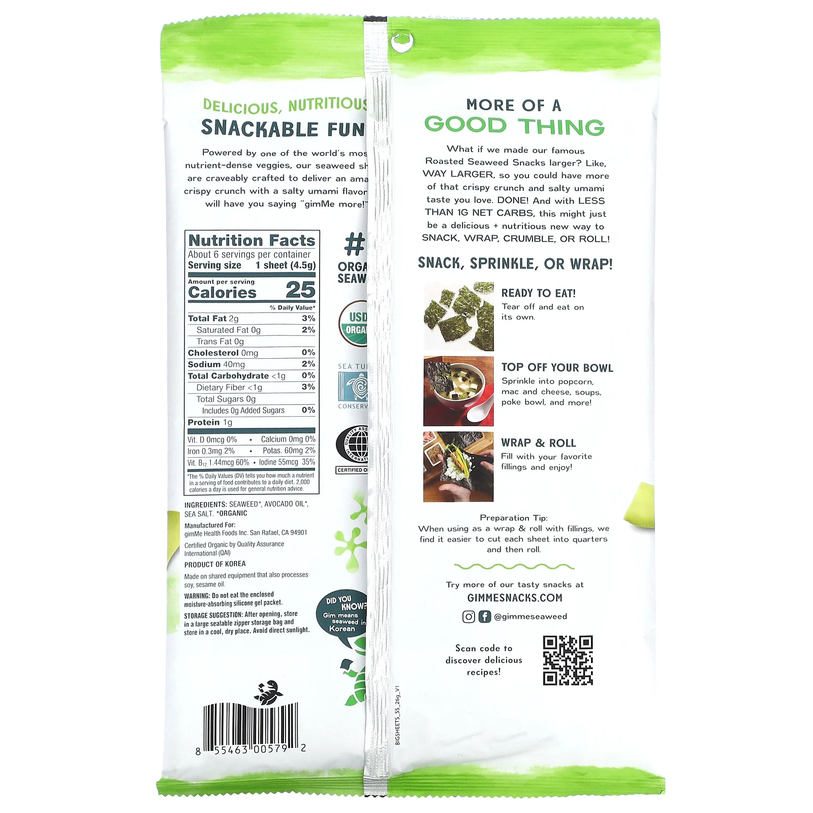 gimMe, снеки из жареных морских водорослей, большие листы, морская соль и масло авокадо, 26 г (0,92 унции)
