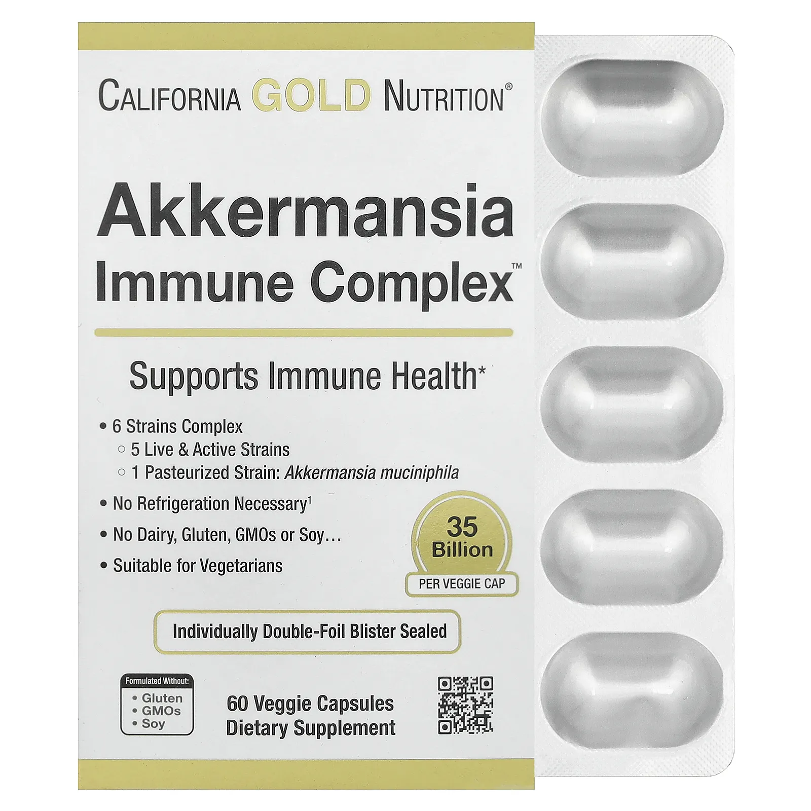 California Gold Nutrition, Akkermansia Immune Complex, комплекс с аккермансией для укрепления иммунитета + пробиотики, 60 растительных капсул