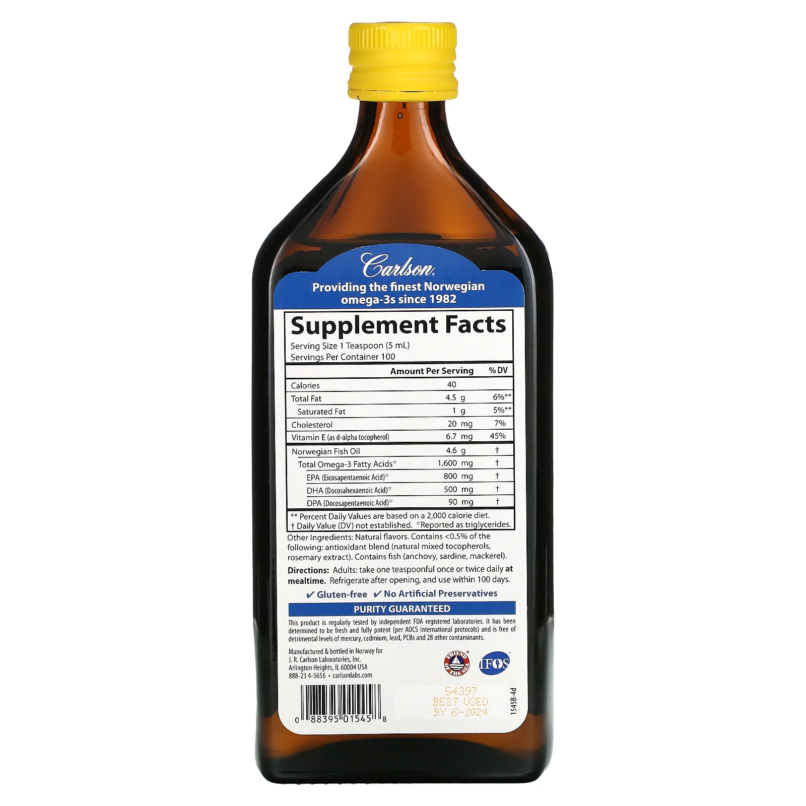 Carlson, норвежская серия, самый лучший рыбий жир, натуральный лимонный вкус, 1600 мг, 500 мл (16,9 жидк. унции)