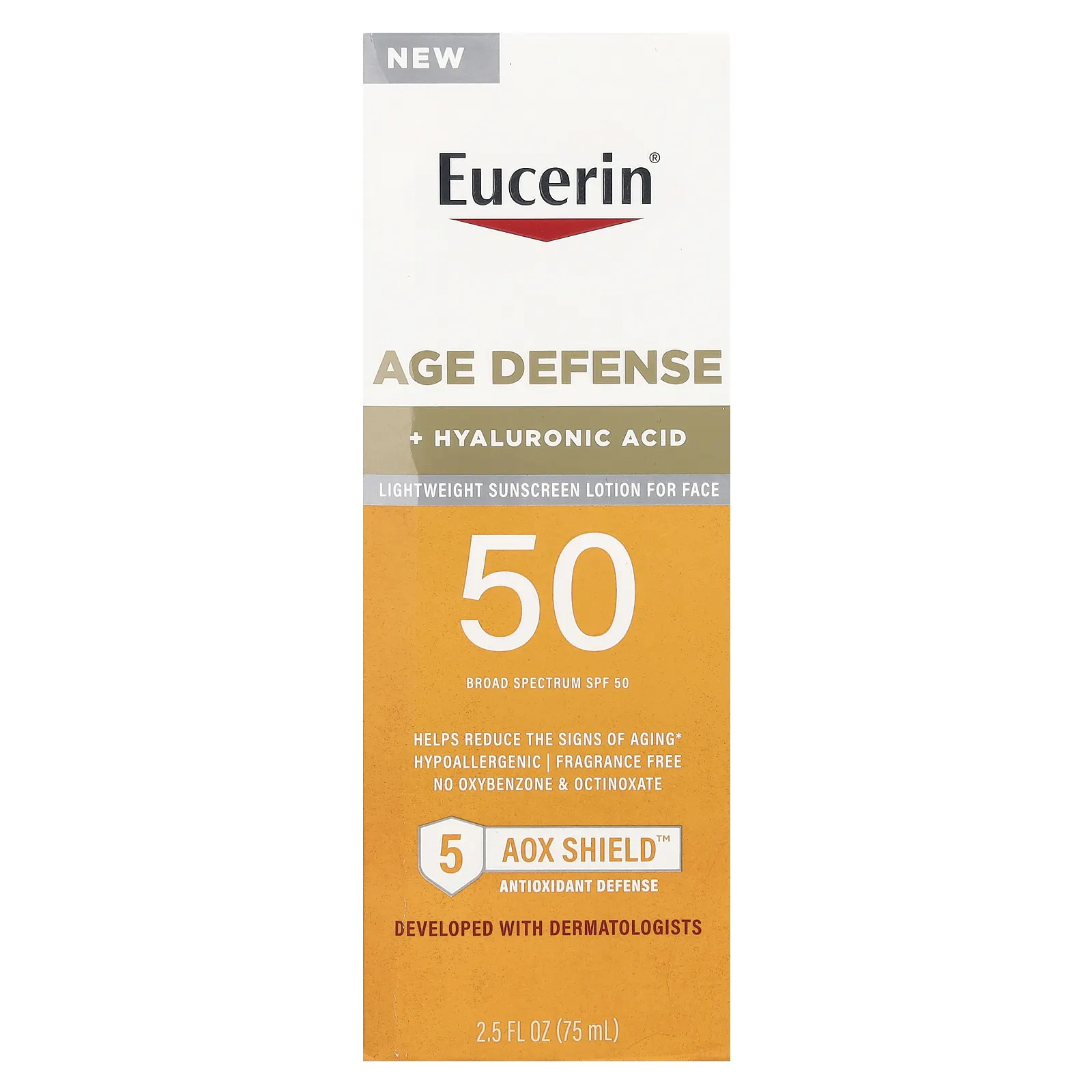 Eucerin, Age Defense, легкий солнцезащитный лосьон для лица, SPF 50, без отдушек, 75 мл (2,5 жидк. Унции)