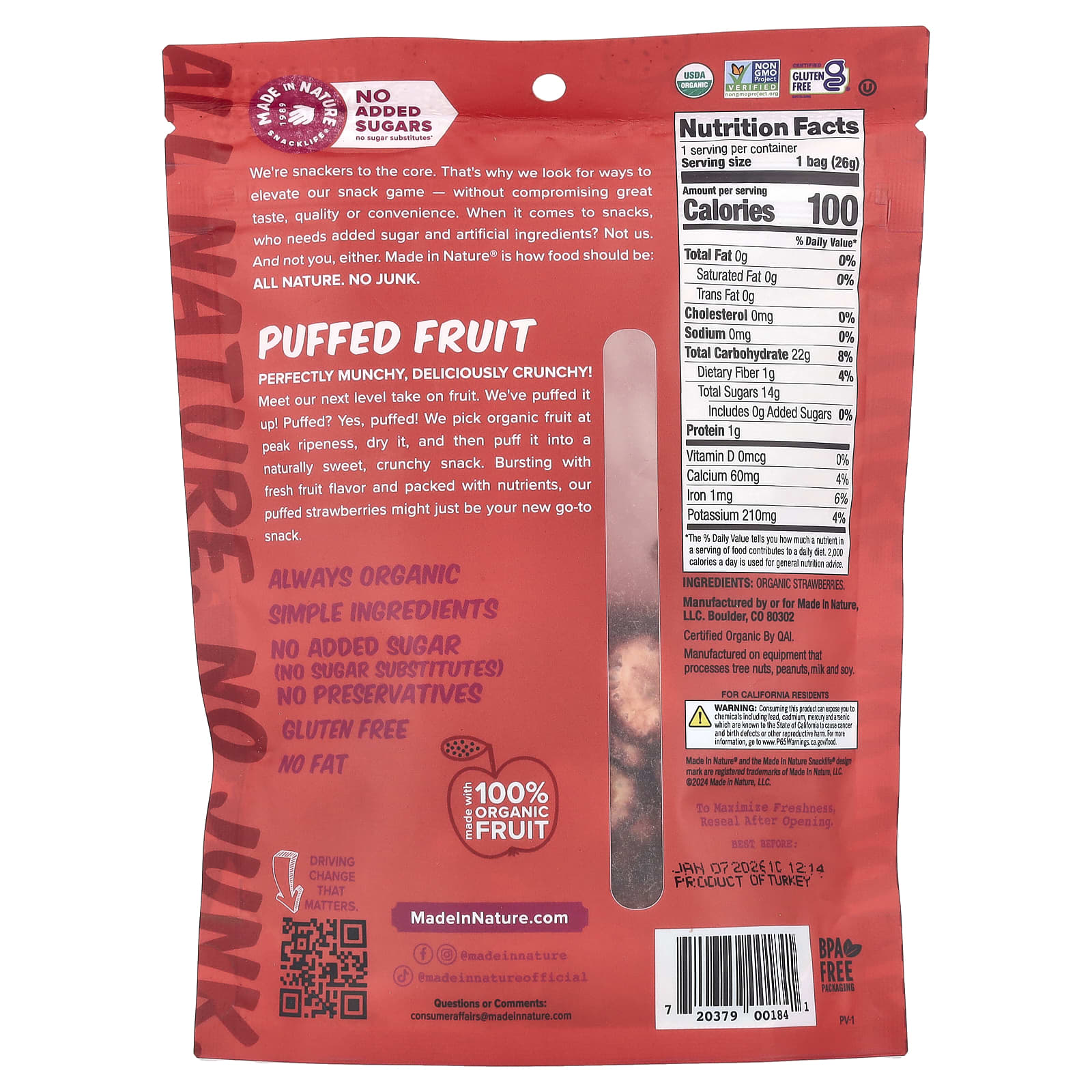 Made in Nature, Воздушные фрукты, клубника, 25,5 г (0,9 унции)