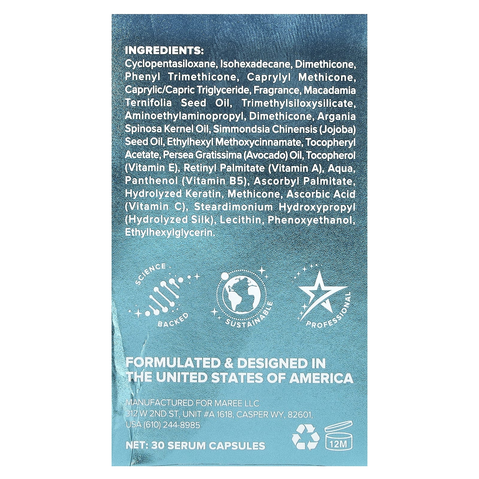 Maree, Масло для укладки волос, кертин и аргановое масло, витамины A, E, B5, для всех типов волос, с цветочным рисунком, 30 несмываемых сывороточных капсул