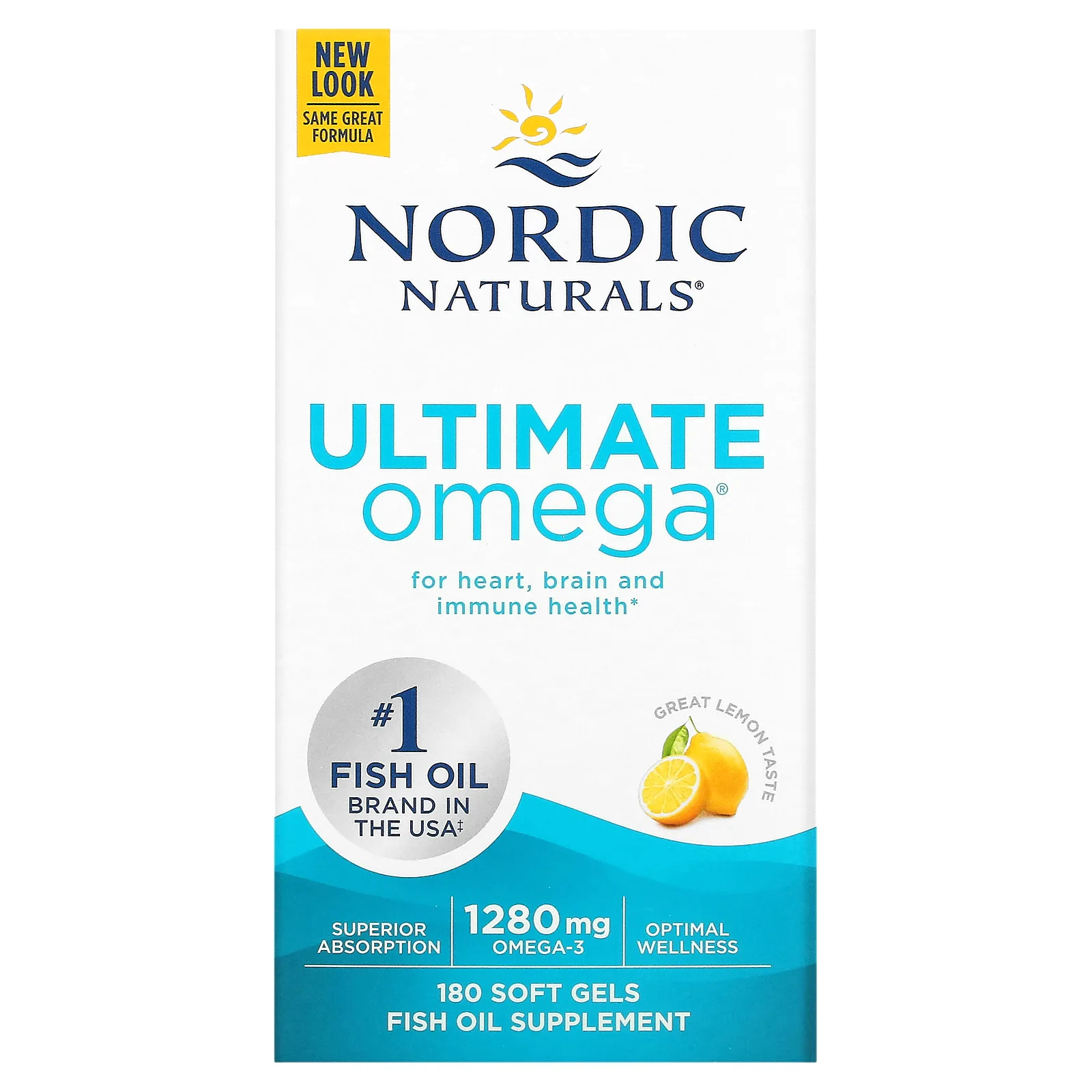 Nordic Naturals, Ultimate Omega, высокоэффективные омега-3 кислоты, со вкусом лимона, 1280 мг, 180 капсул (640 мг в 1 капсуле)