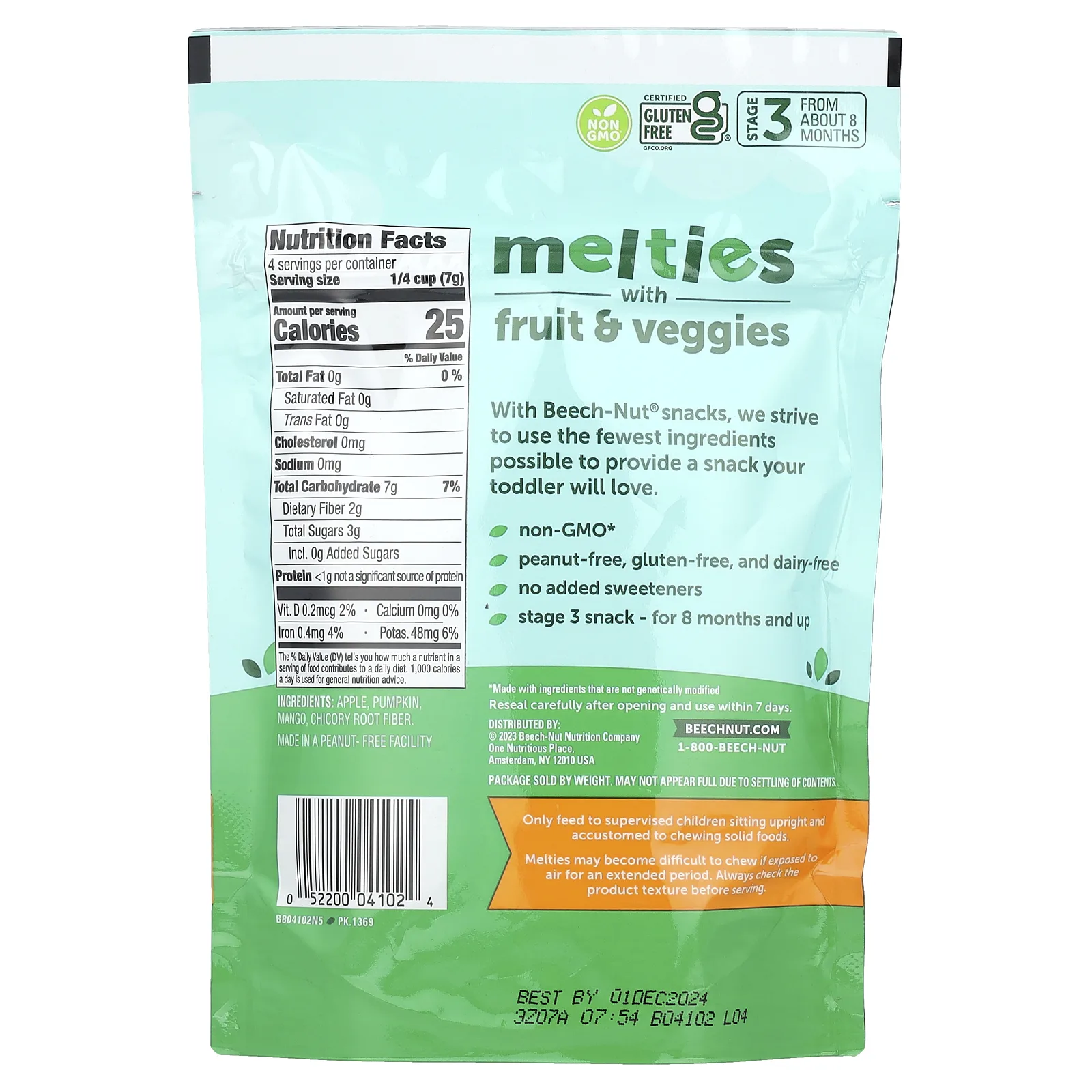Beech-Nut, Naturals, Fruit & Veggie Melties, снек из натуральных фруктов и овощей, для детей от 8 месяцев, яблоко и тыква, 28 г (1 унция)
