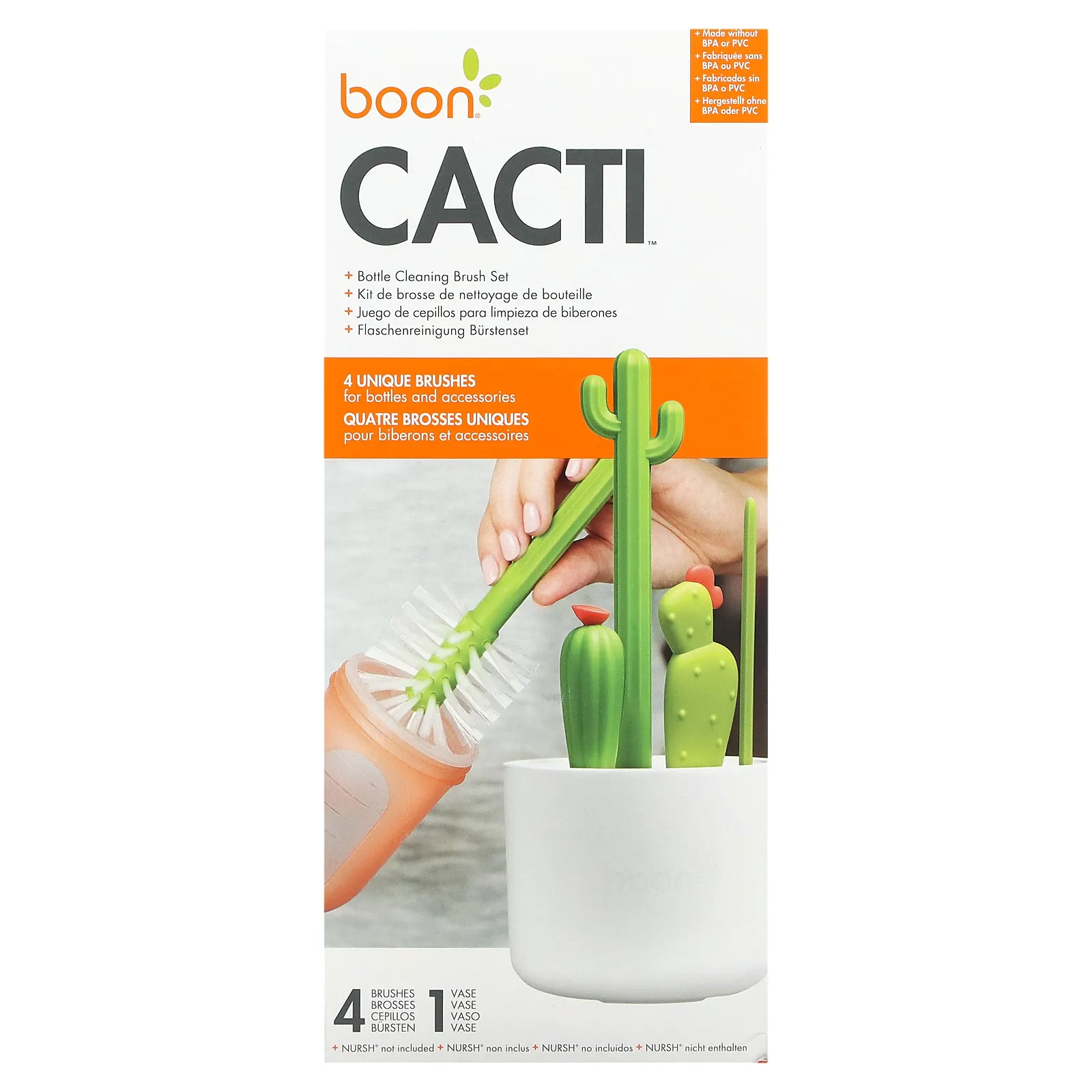 Boon, Cacti, набор щеток для чистки бутылочек, 4 щетки и 1 ваза