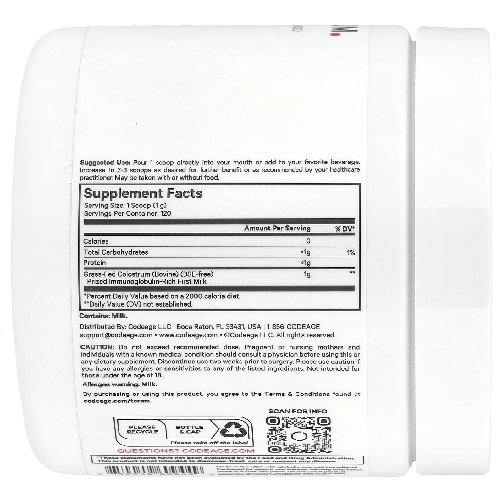 Codeage, Молозиво в порошке, без добавок, 120 г (4,3 унции)