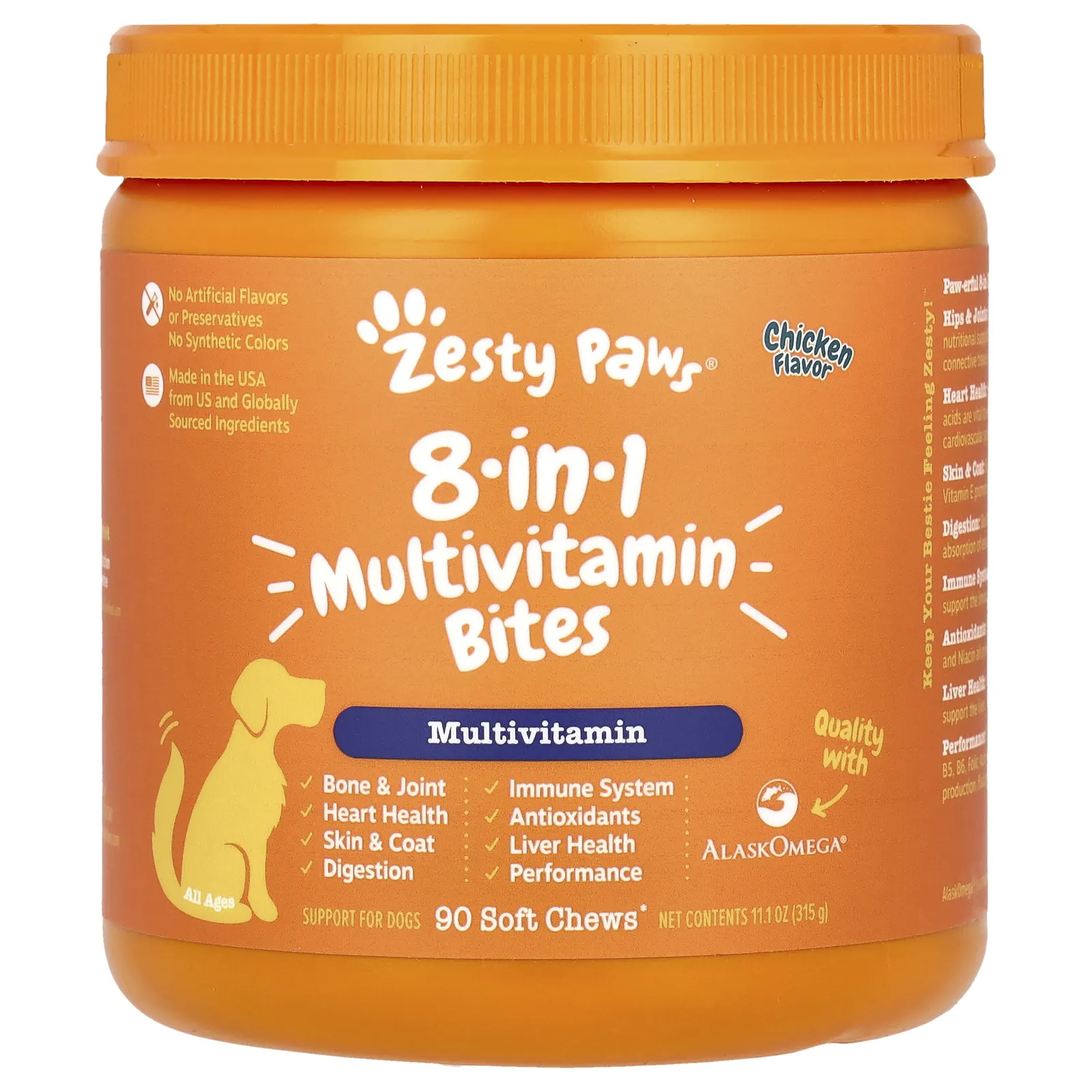 Zesty Paws, Multivitamin Bites, 8 в 1, для собак всех возрастов, со вкусом курицы, 90 жевательных таблеток, 315 г (11,1 унции)