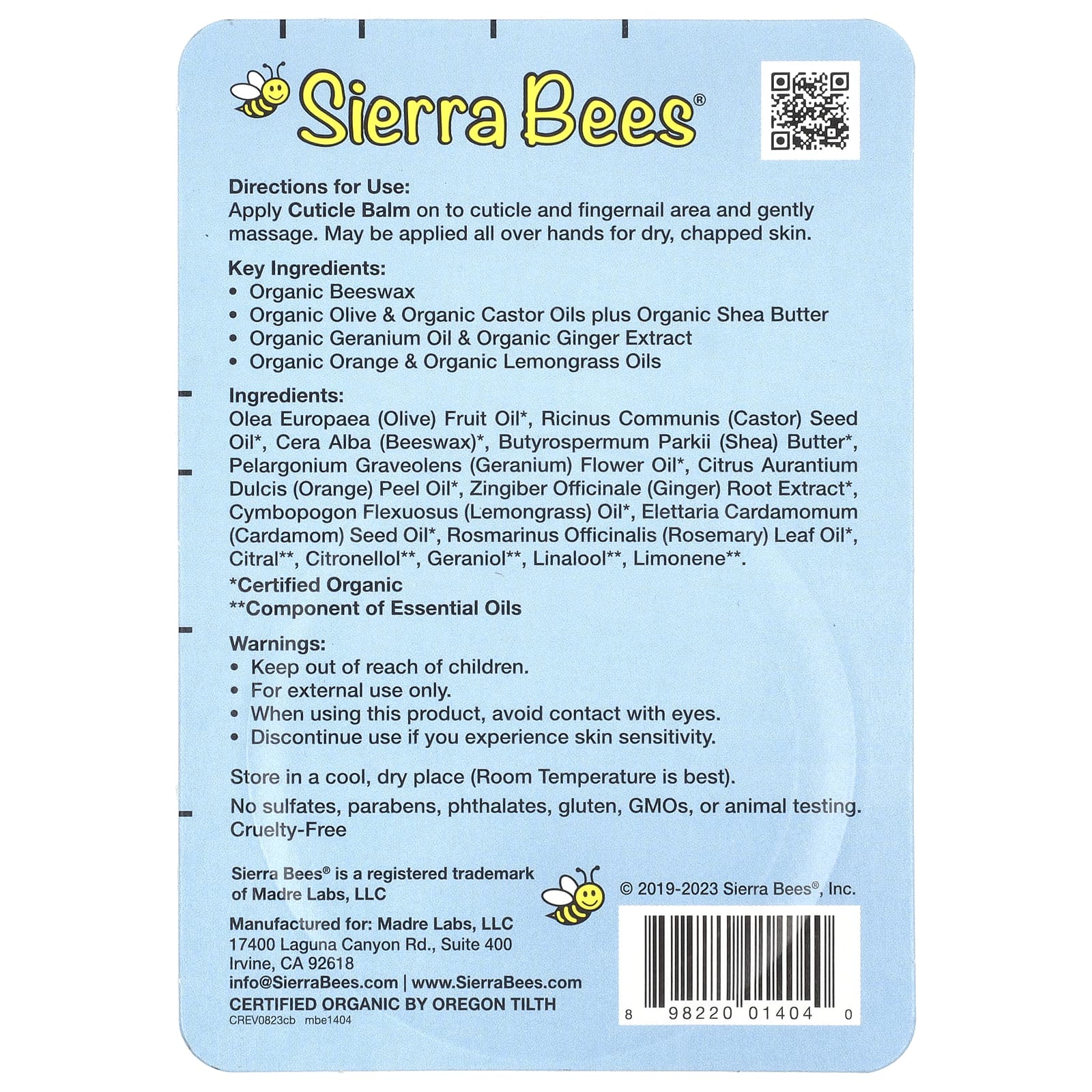 Sierra Bees, бальзам для ухода за кутикулой, герань, апельсин и лемонграсс, 17 г (0,6 унции)