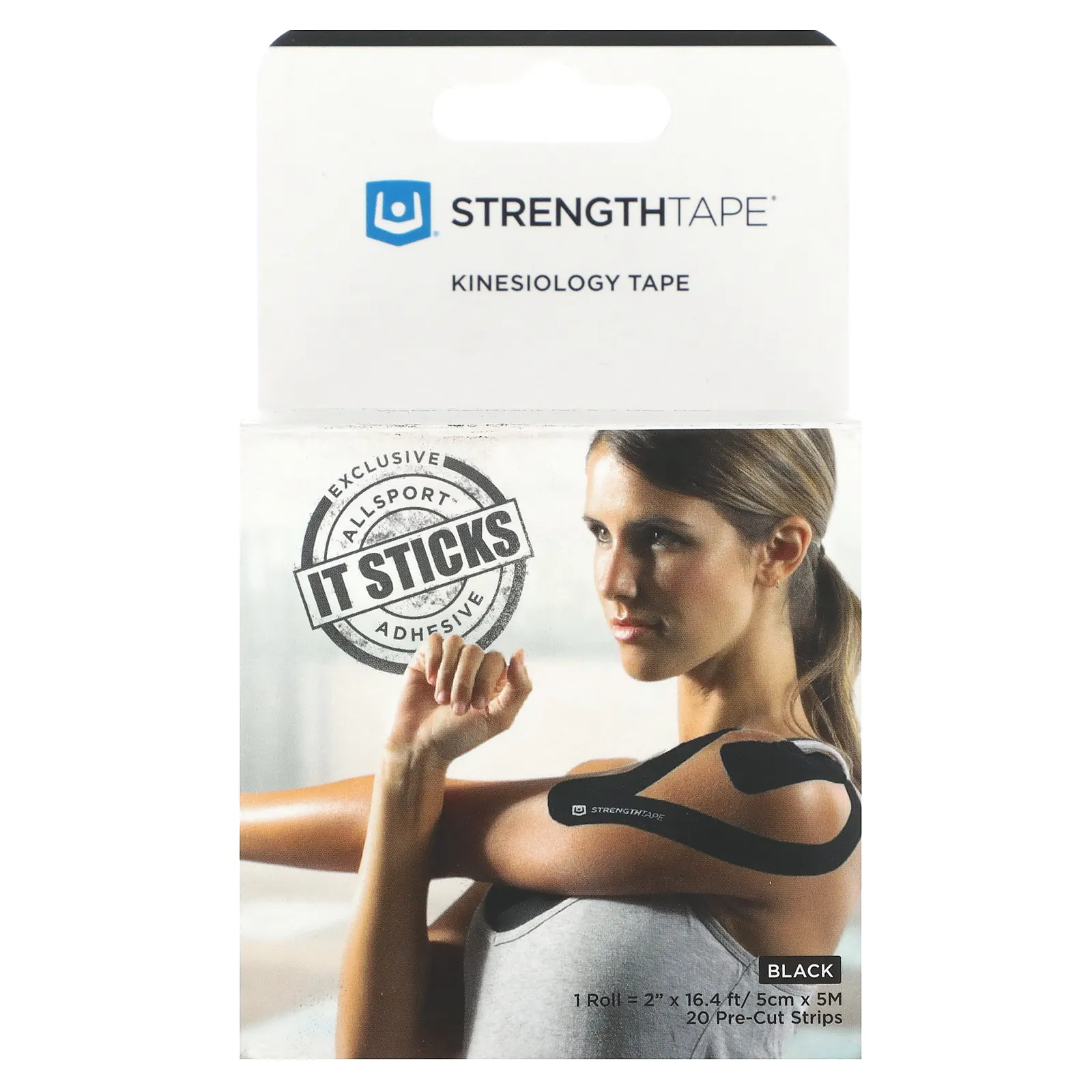 Strengthtape, кинезиологический тейп, черный, 20 отрезанных полосок