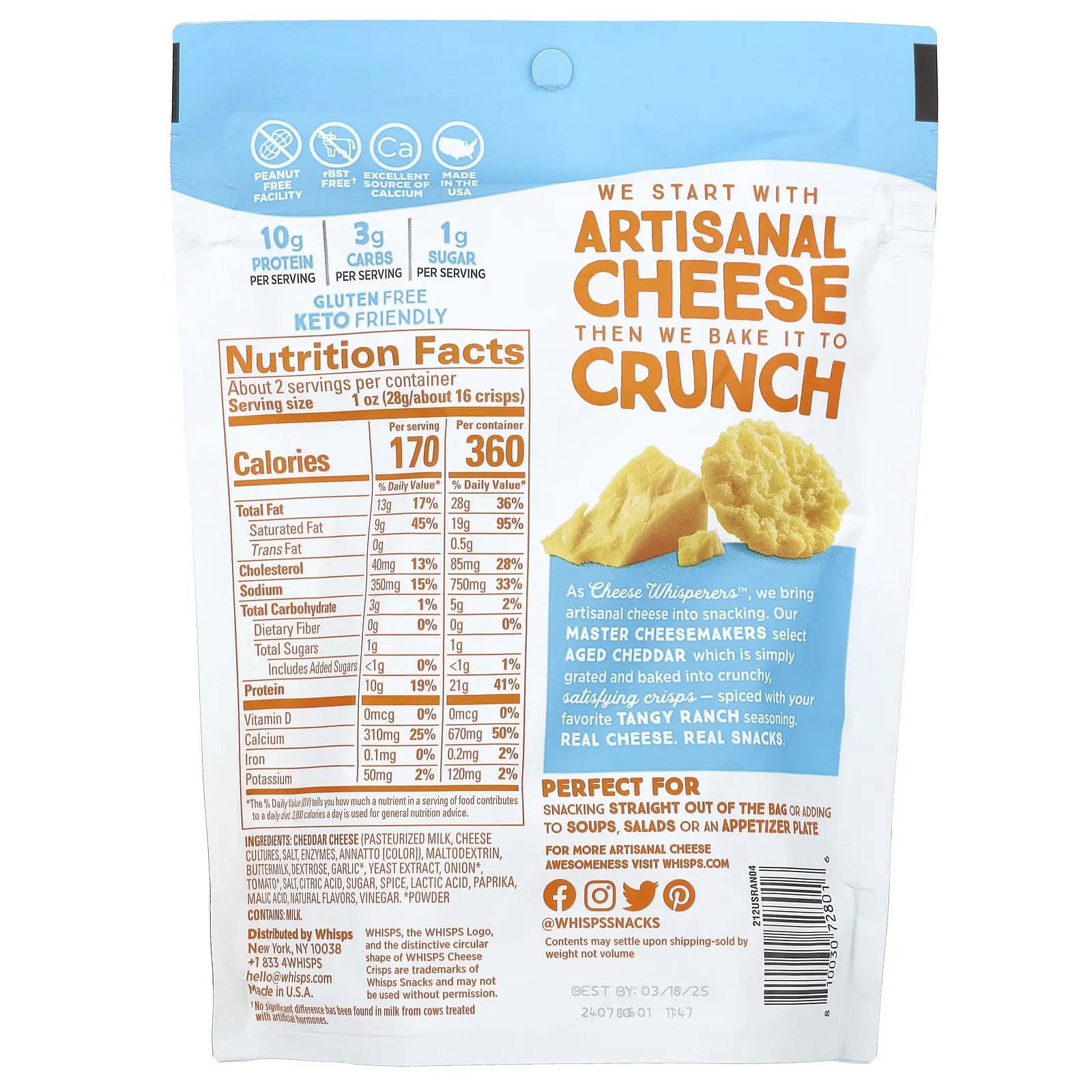 Whisps, Пикантные сырные чипсы, 60 г (2,12 унции)