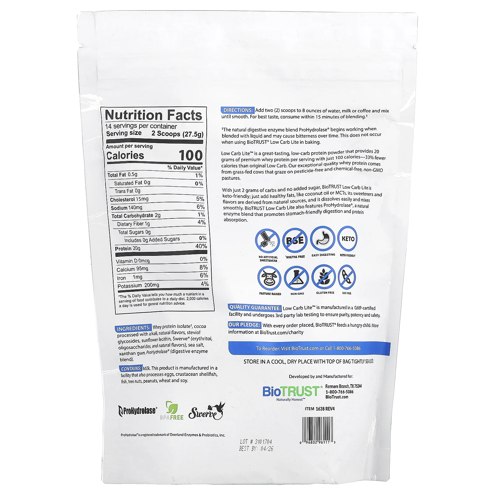 BioTRUST, Low Carb Lite ™, сывороточный протеин премиального качества от травяного откорма, шоколадное мороженое, 385 г (13,5 унции)