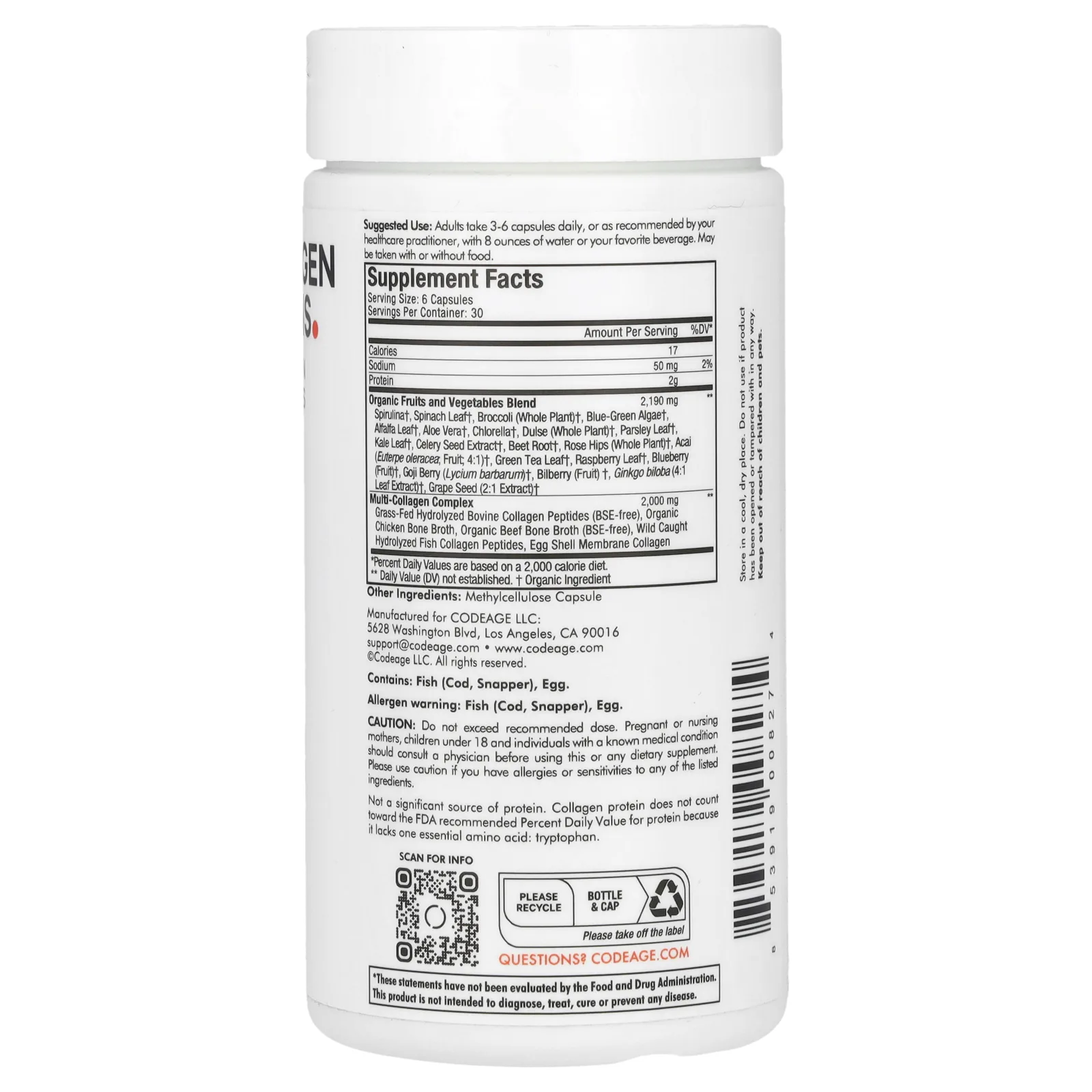 Codeage, Необработанная зелень с несколькими коллагенами, 180 капсул