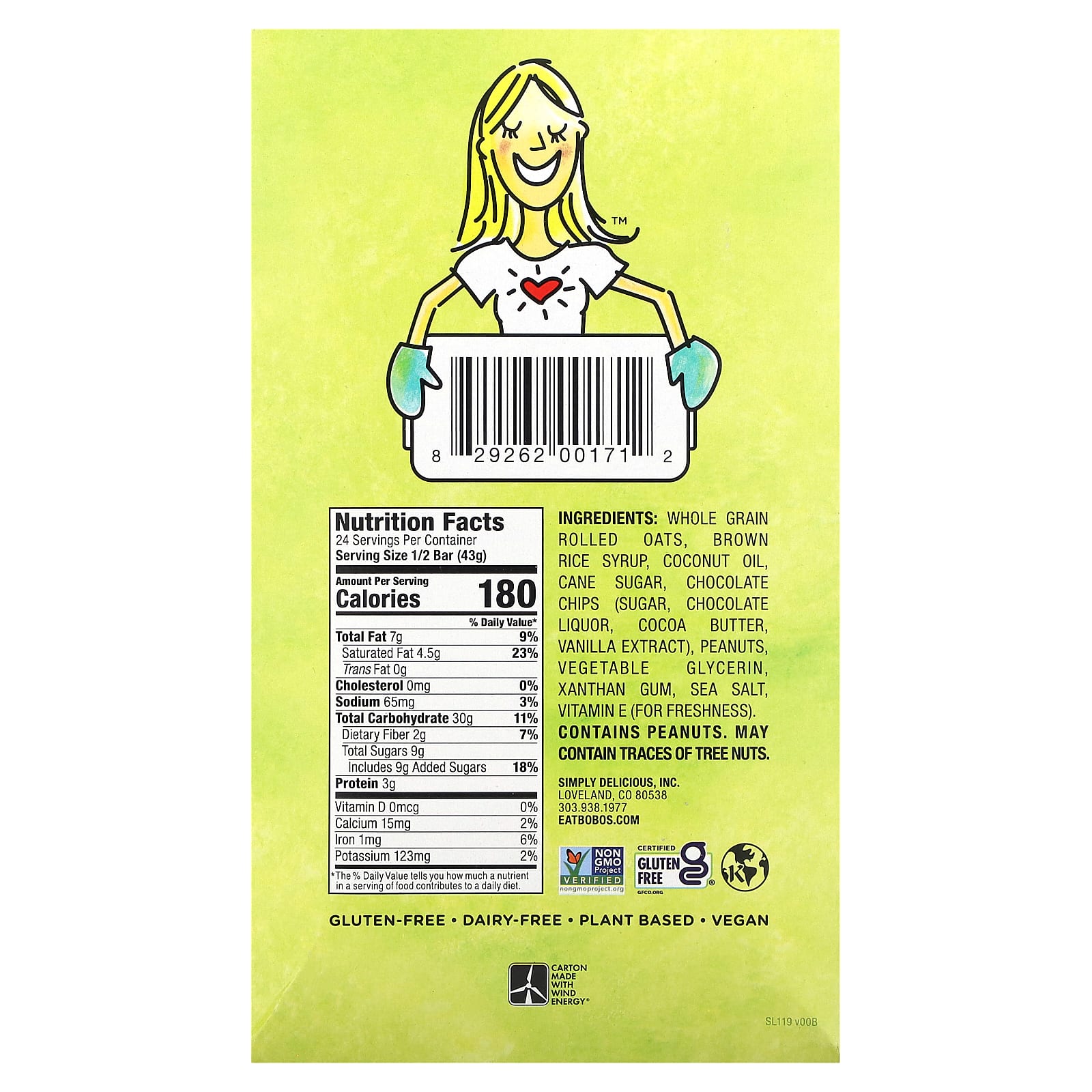 Bobo's Oat Bars, Арахисовая паста с шоколадной крошкой, 12 батончиков по 85 г (3 унции)