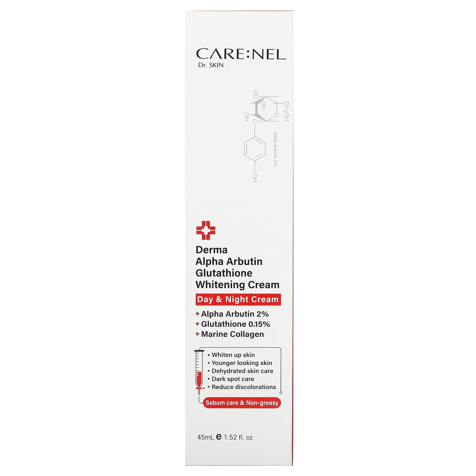 Care:Nel, Derma Alpha Arbutin Glutathione Whitening Cream, 45 мл (1,52 жидк. Унции)