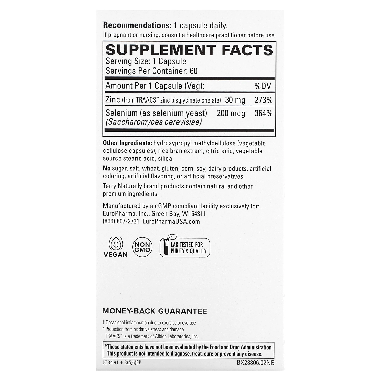 Terry Naturally, цинк и селен, 60 веганских капсул