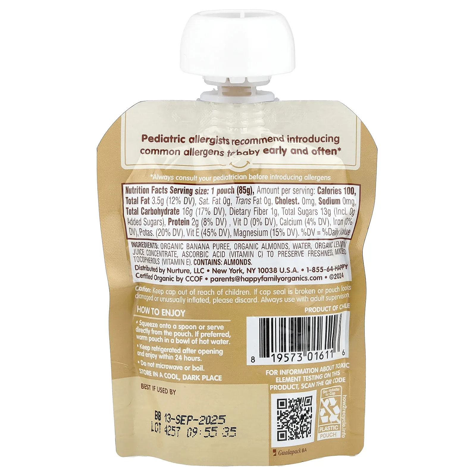 Happy Family Organics, Happy Baby®, Nutty Blends ™, для детей от 6 месяцев, органические бананы с 1/2 ч. Л. Миндального масла, 85 г (3 унции)