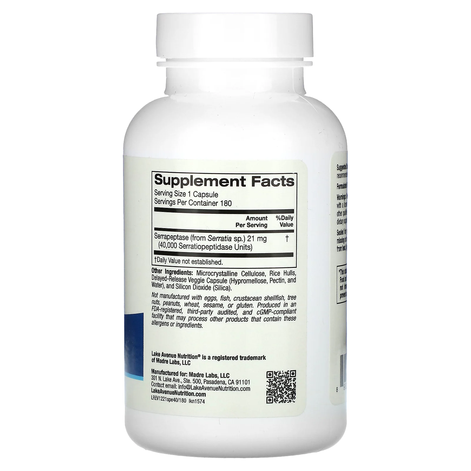 Lake Avenue Nutrition, серрапептаза, протеолитический фермент, 40 000 SPU, 180 растительных капсул