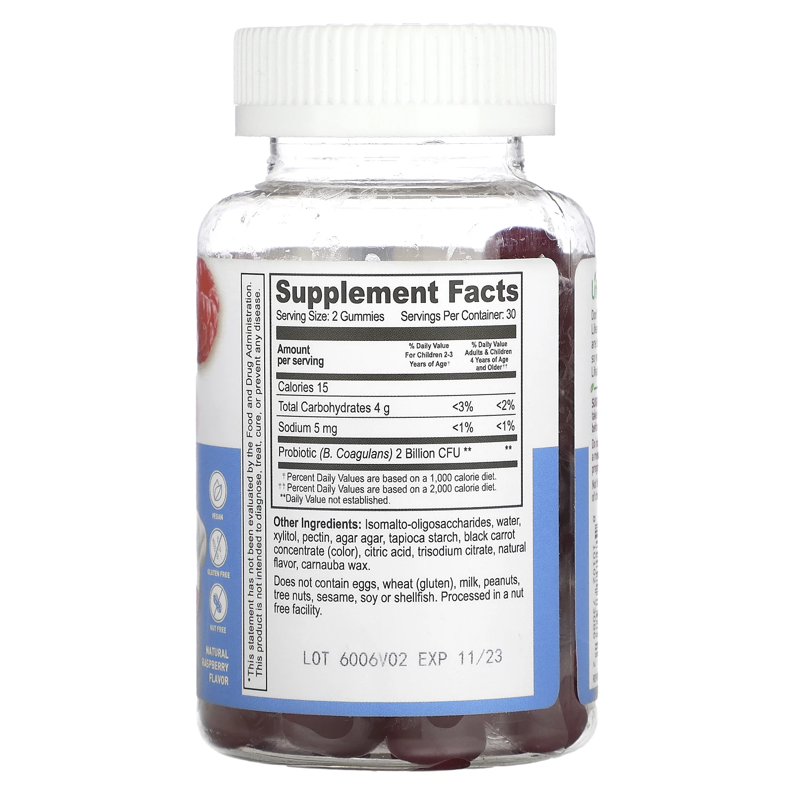 Lifeable, жевательные таблетки с пробиотиками для детей, без сахара, натуральная малина, 2 млрд, 60 жевательных таблеток (1 млрд КОЕ в одной жевательной таблетке)