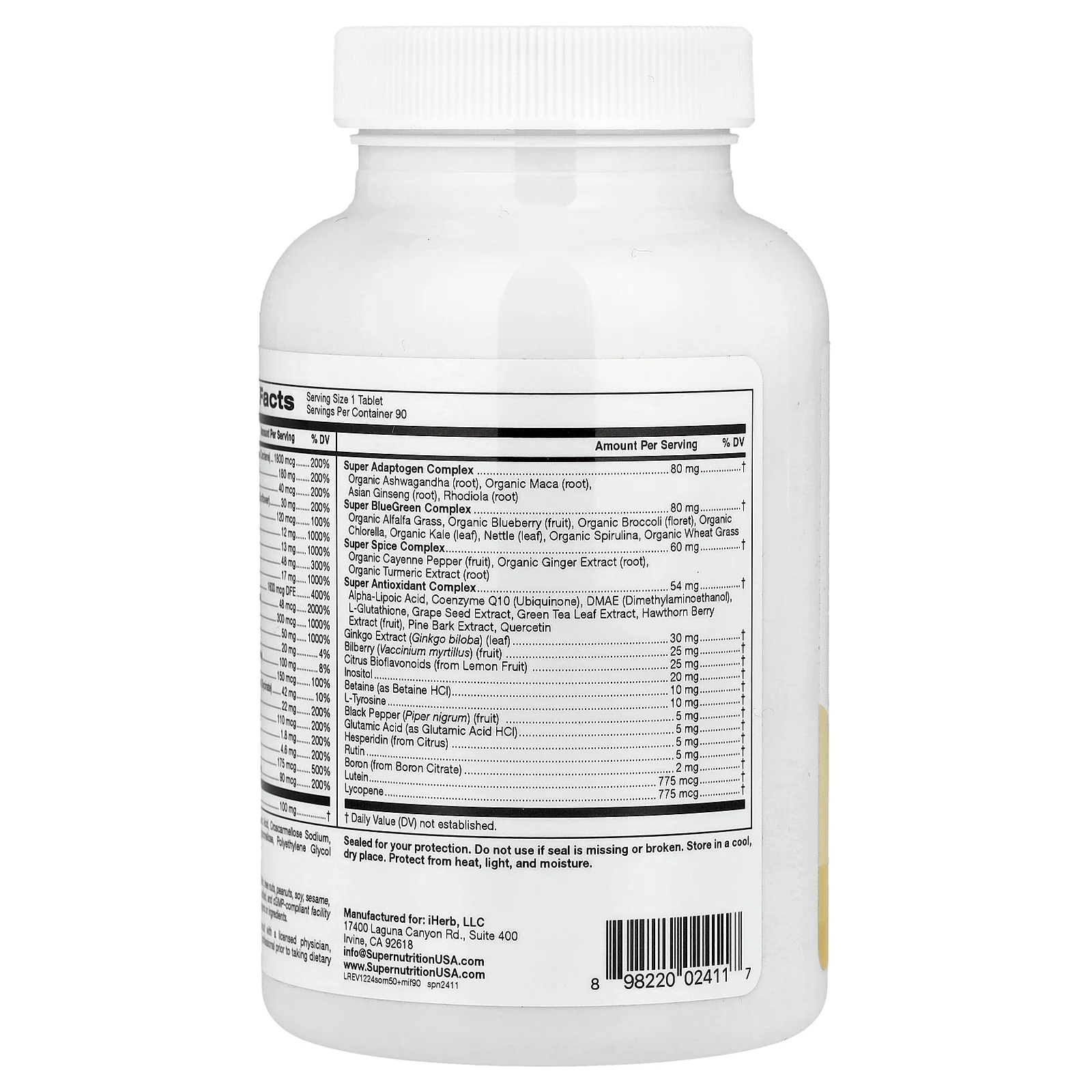 Super Nutrition, Simply One, мультивитамины с суперадаптогенами, зеленью, специями и антиоксидантами для мужчин старше 50 лет, без железа, 90 таблеток