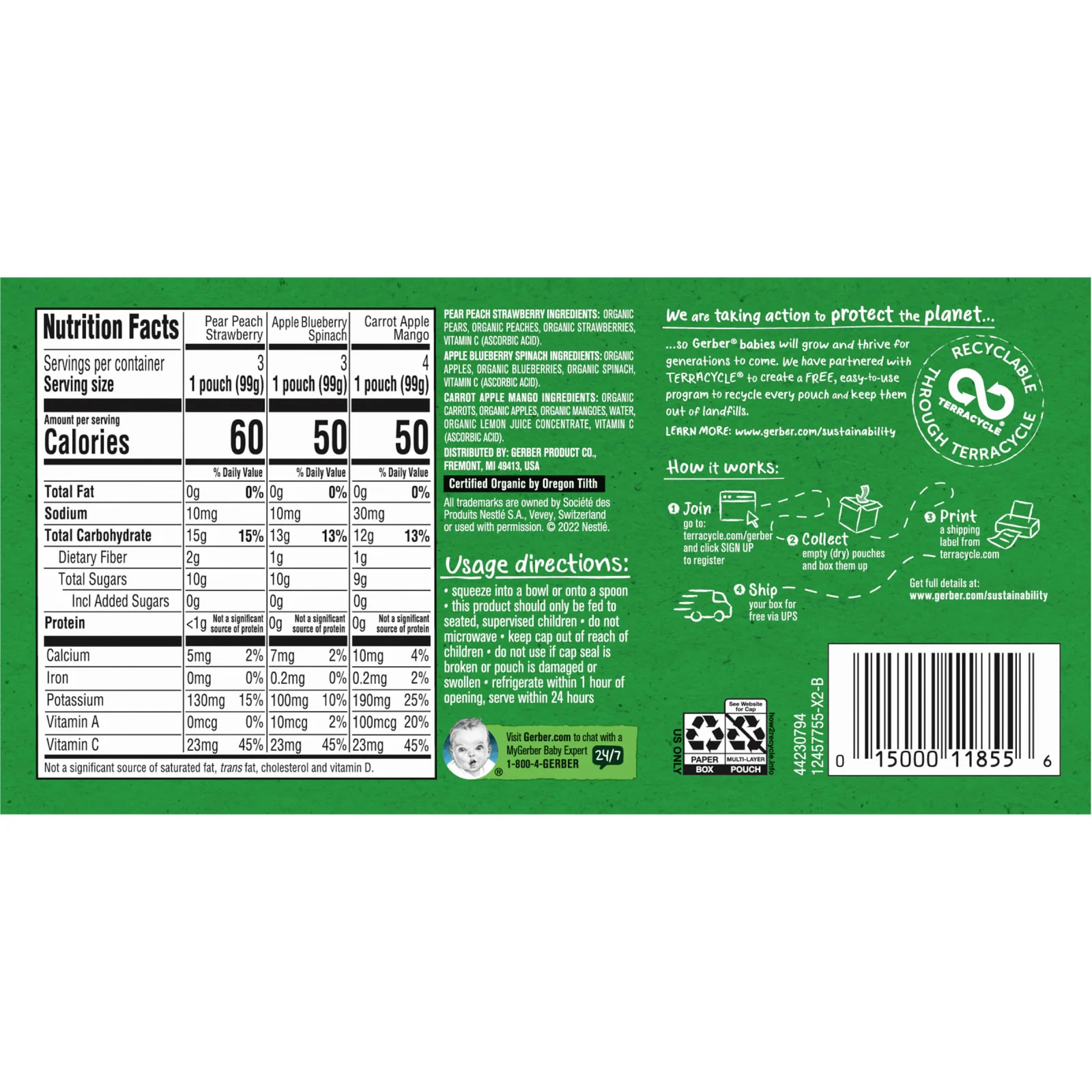 Gerber, Organic for Baby, 2nd Foods, любимые фрукты и овощи, 9 пакетиков, 99 г (3,5 унции)