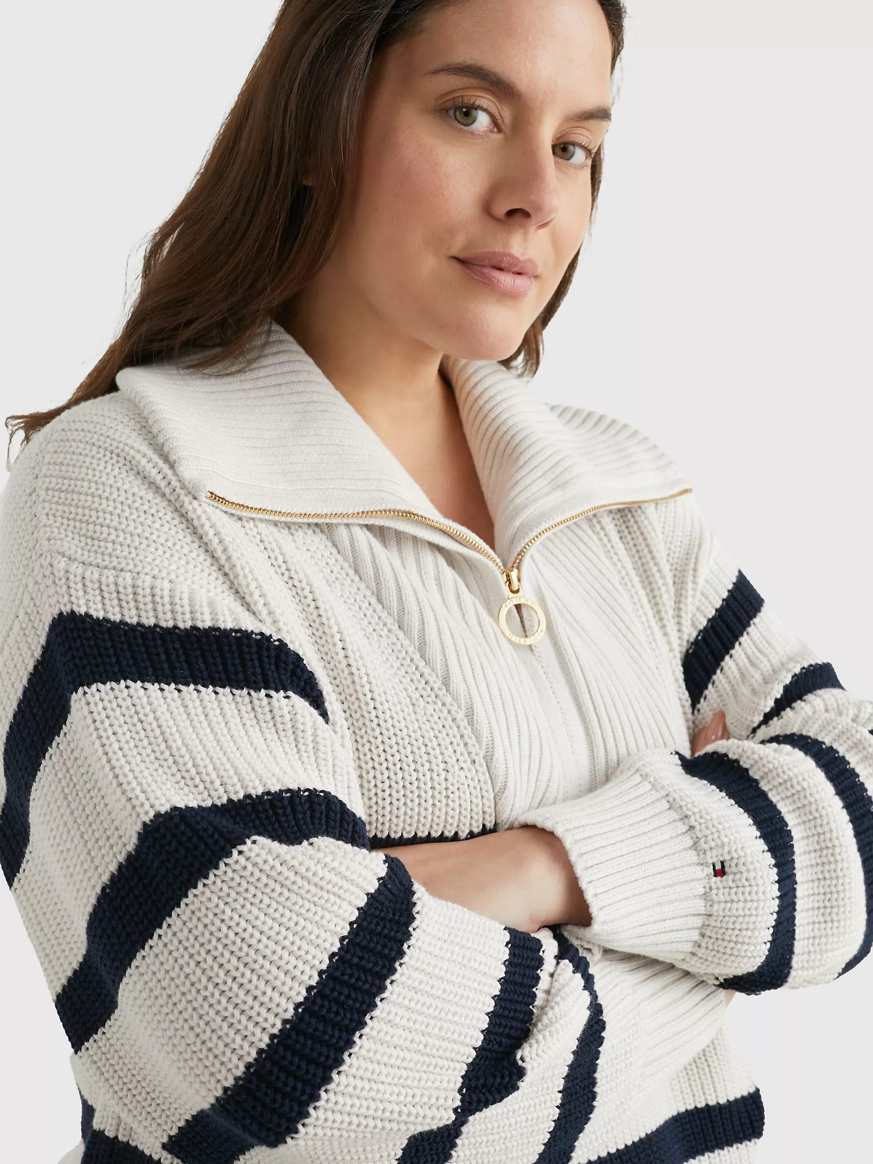 Женский свитер Tommy Hilfiger, Свитер с молнией на четверть длины и полосками Curve