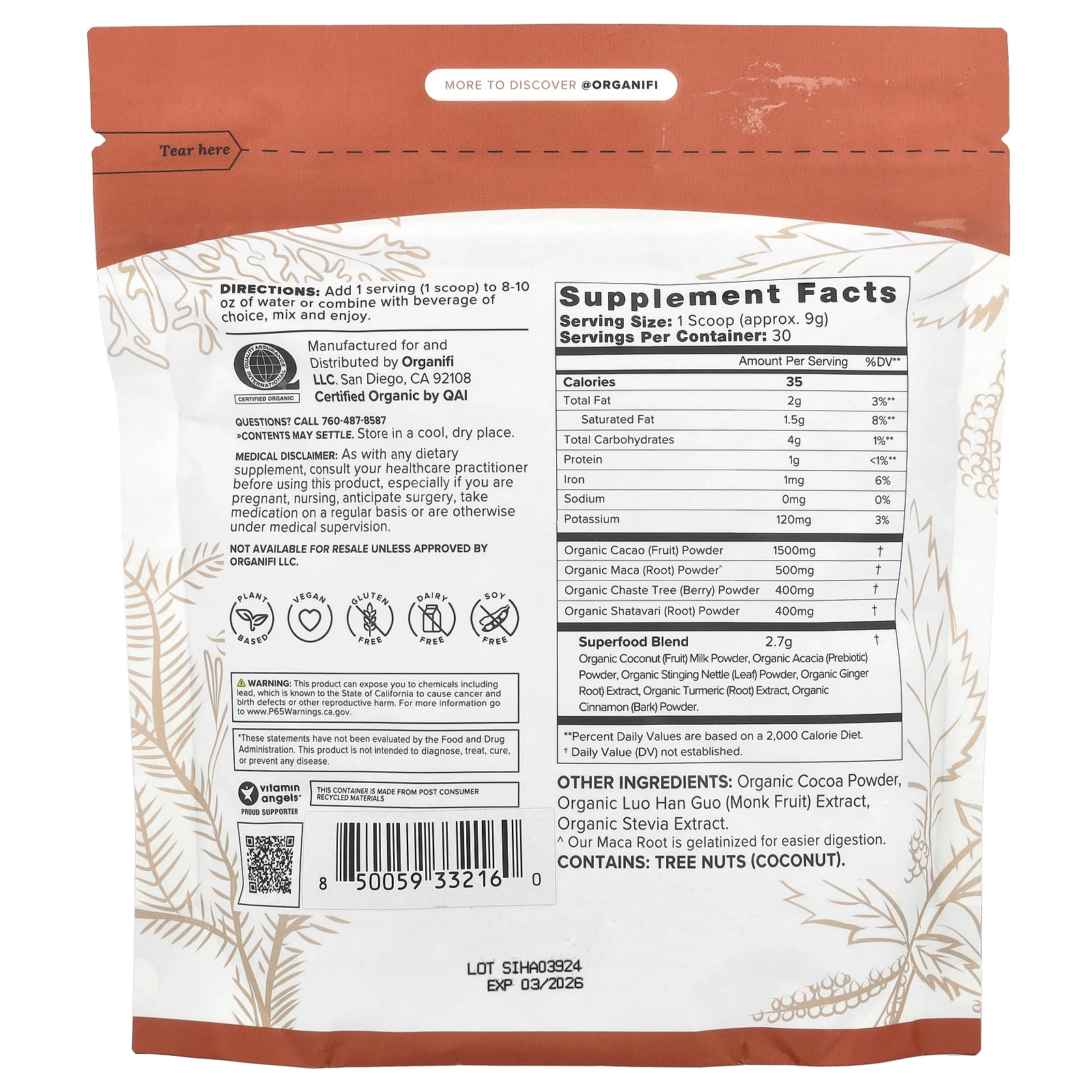 Organifi, Harmony, какао, 270 г (9,52 унции)